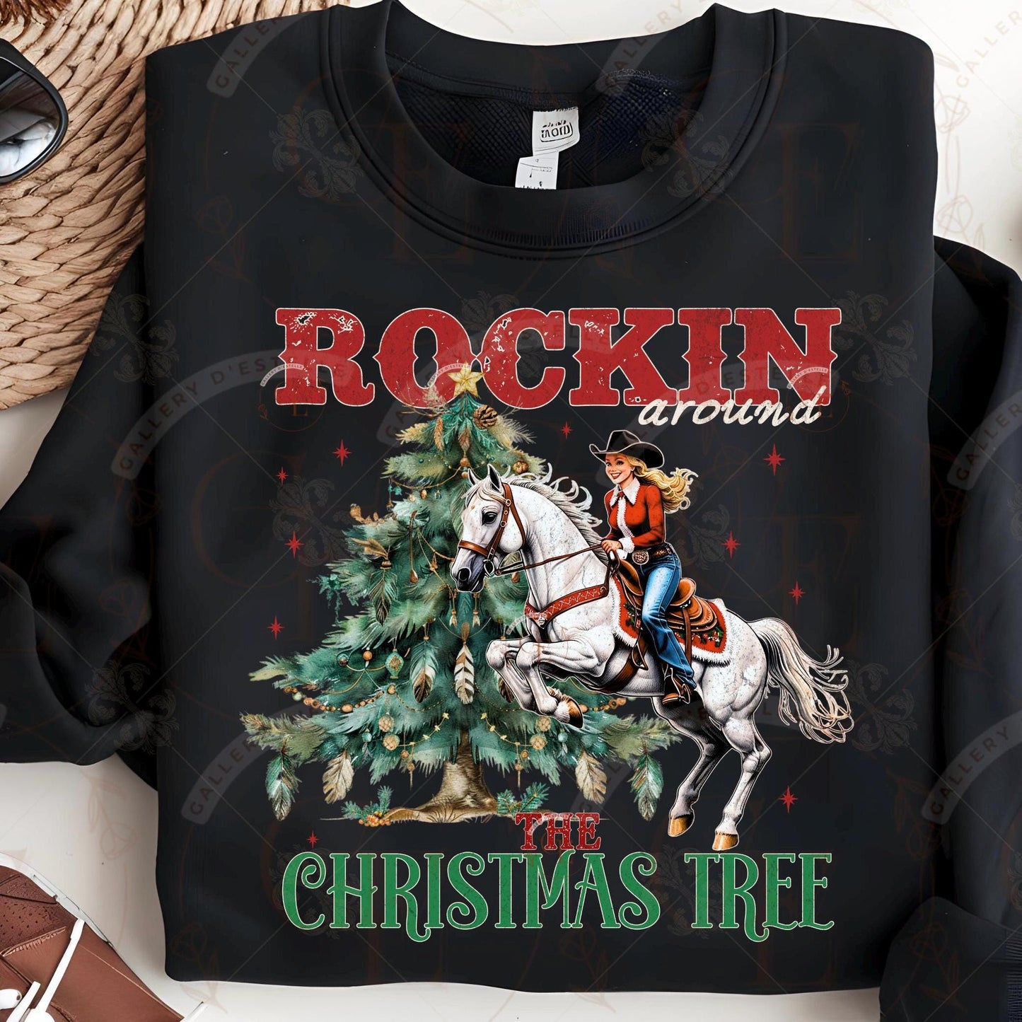 Rockin Around the Christmas Tree PNG, Retro Western Cowgirl Graphic, Festive Rodeo Design, Trendy Holiday Shirt Sublimation
