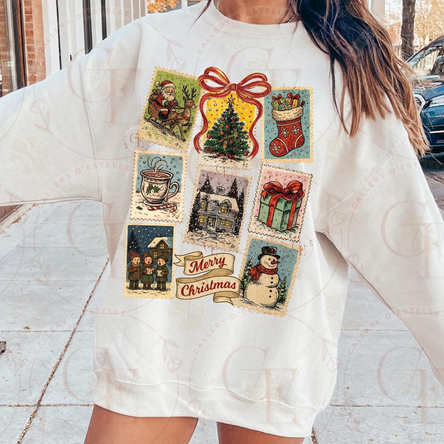 Vintage Christmas Stamp PNG, Retro Holiday Postage Collage, Cute Festive Winter Graphic, Trendy Christmas Shirt Design