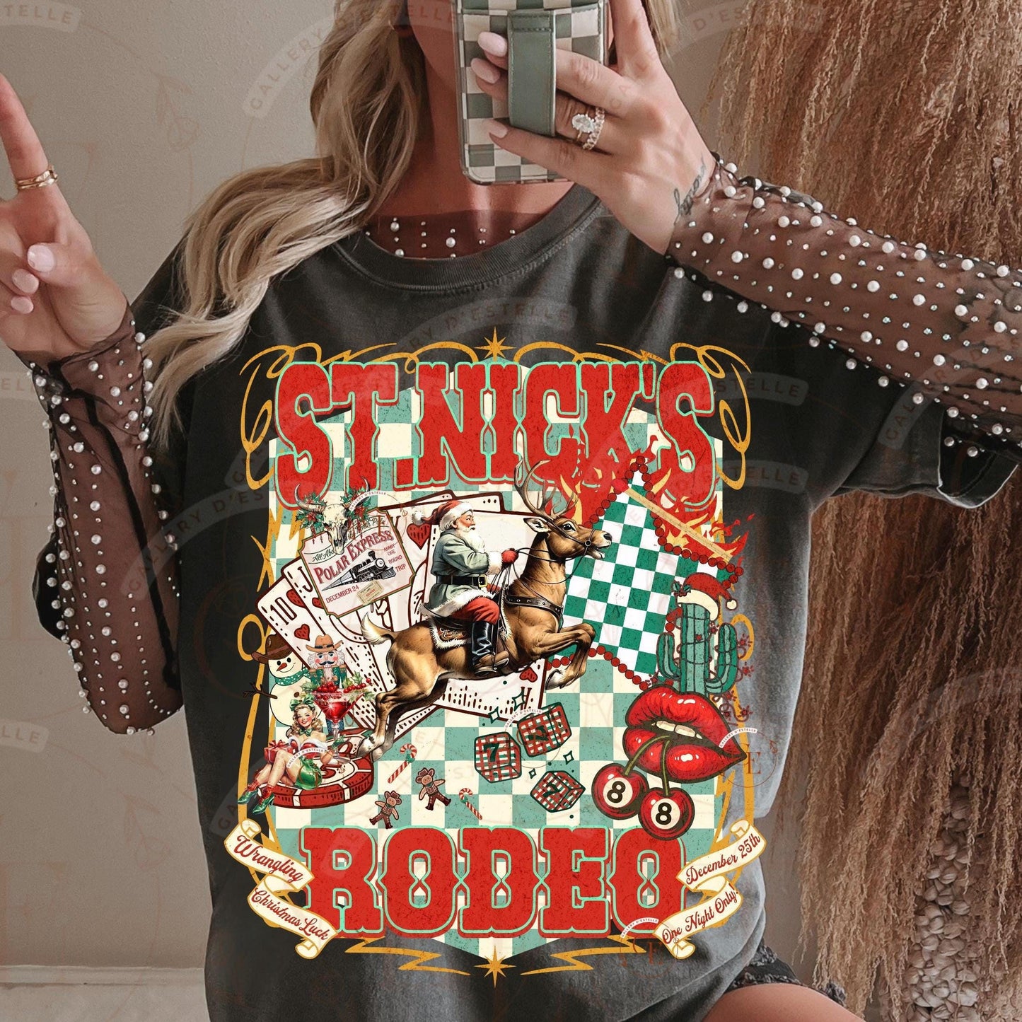 St. Nick’s Rodeo Western PNG, Retro Cowboy Santa Casino Art, Christmas Wild West Rodeo Graphic, Edgy Holiday Country Shirt Design