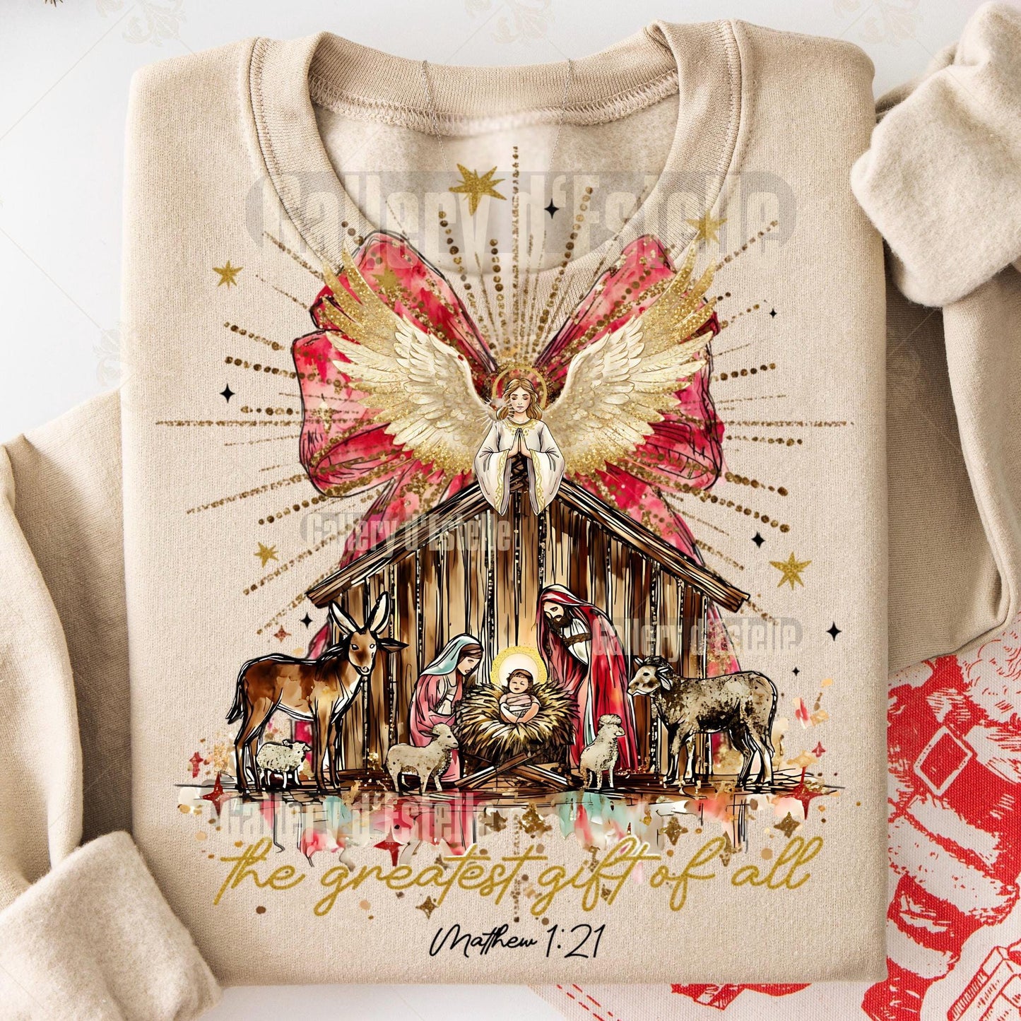 Preppy Nativity PNG, Glittery Christmas Scene Graphic, Religious Holiday Sublimation, Coquette Christian Shirt Design