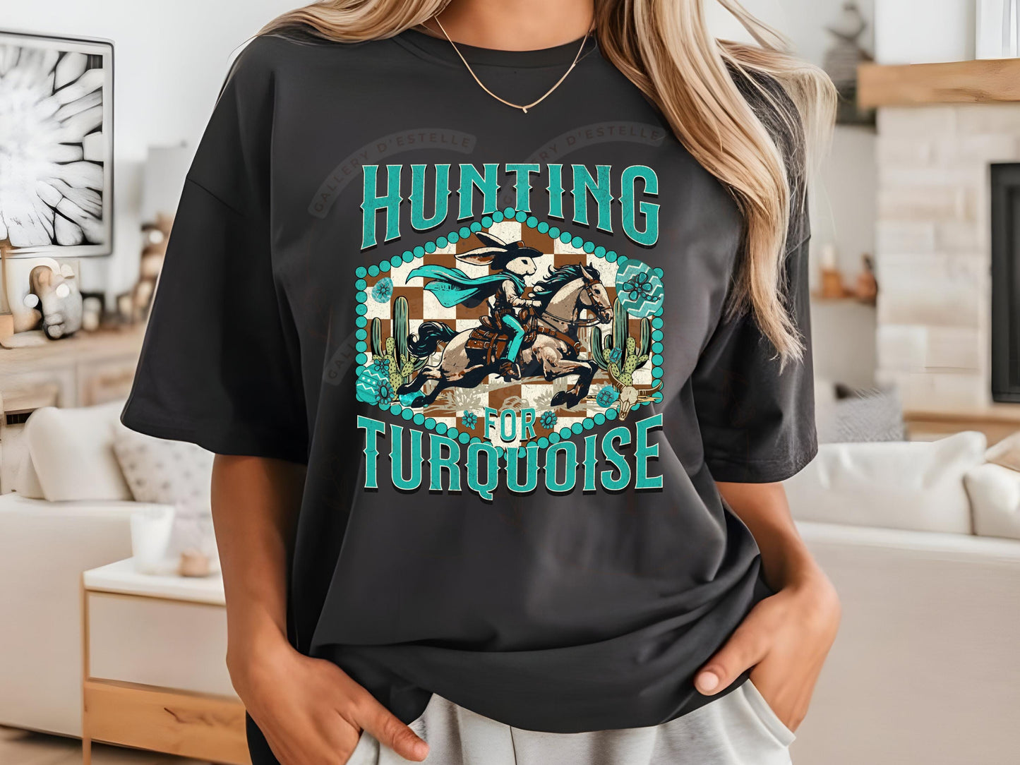 Hunting for Turquoise PNG, Wild West Easter Bunny Rodeo Graphic, Western Cowgirl Turquoise Checkered Shirt Design