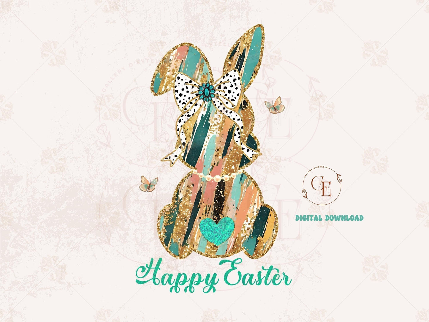 Coquette Glitter Bunny PNG, Dalmatian Gold Brushstroke Bow Graphic, Trendy Happy Easter Country Shirt Design