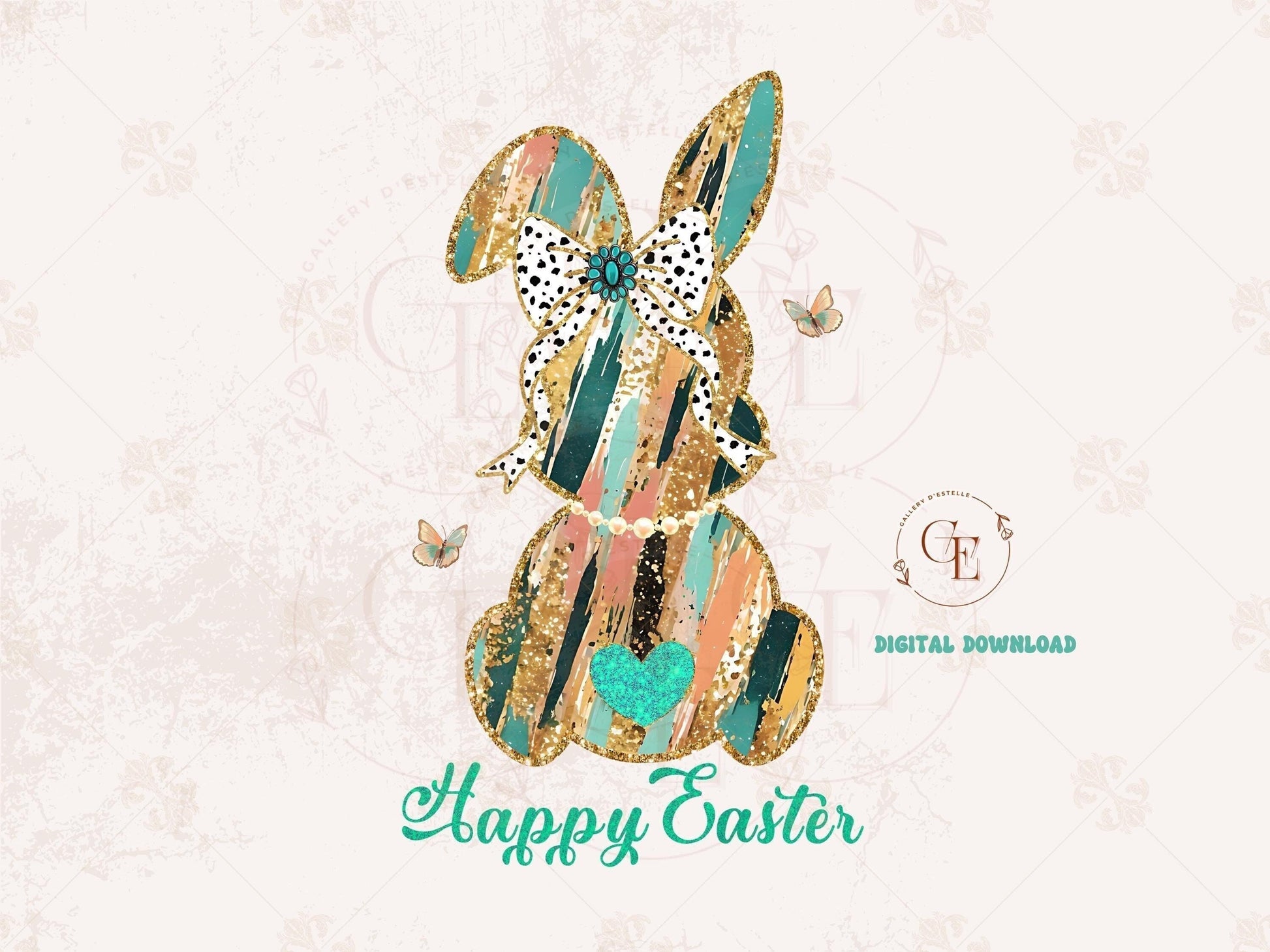 Coquette Glitter Bunny PNG, Dalmatian Gold Brushstroke Bow Graphic, Trendy Happy Easter Country Shirt Design