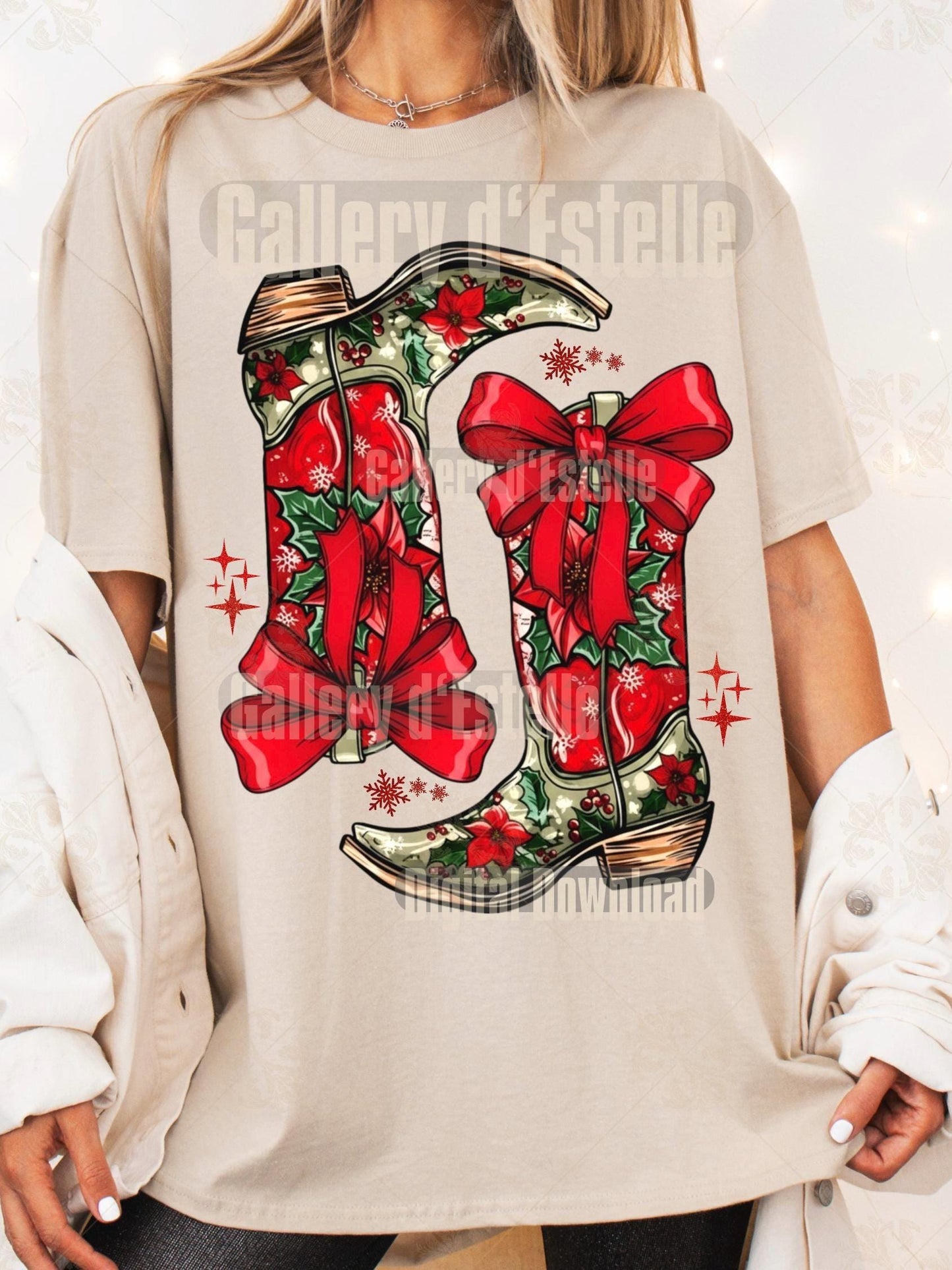 Christmas Howdy Boots PNG, Festive Cowboy Graphic, Coquette Cowgirl Holiday Art, Country Chic Shirt Design