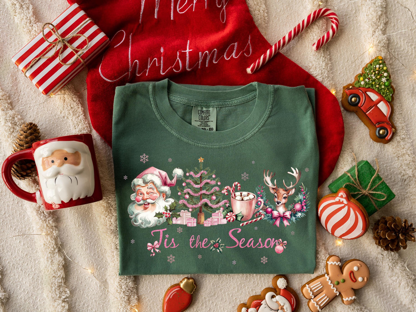 Tis the Season Christmas PNG, Retro Pink Holiday Graphic, Cute Santa and Reindeer Design, Coquette Festive Shirt Sublimation