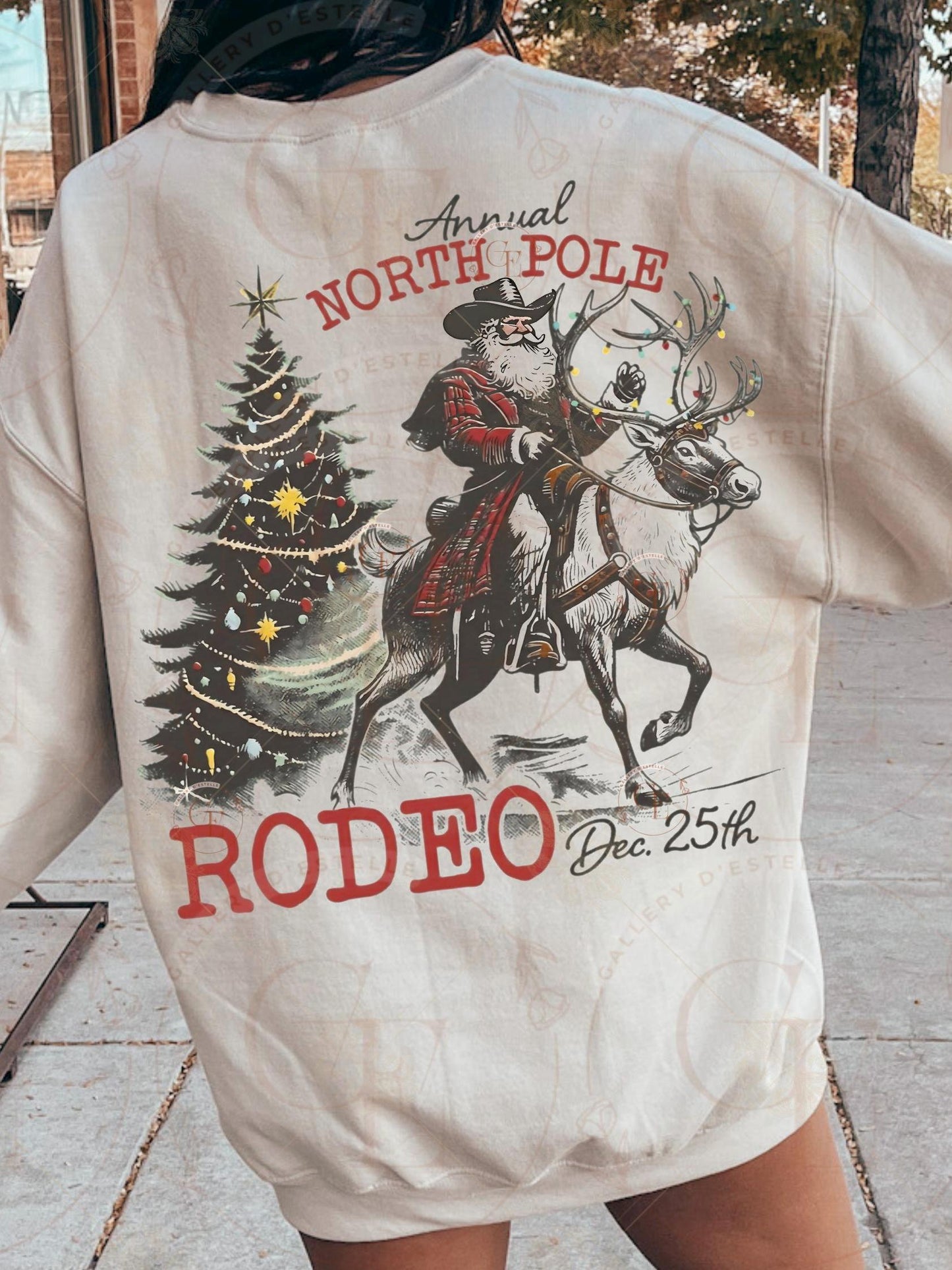 North Pole Rodeo PNG, Retro Cowboy Christmas Graphic, Santa Riding Reindeer Western Design, Vintage Holiday Shirt Sublimation