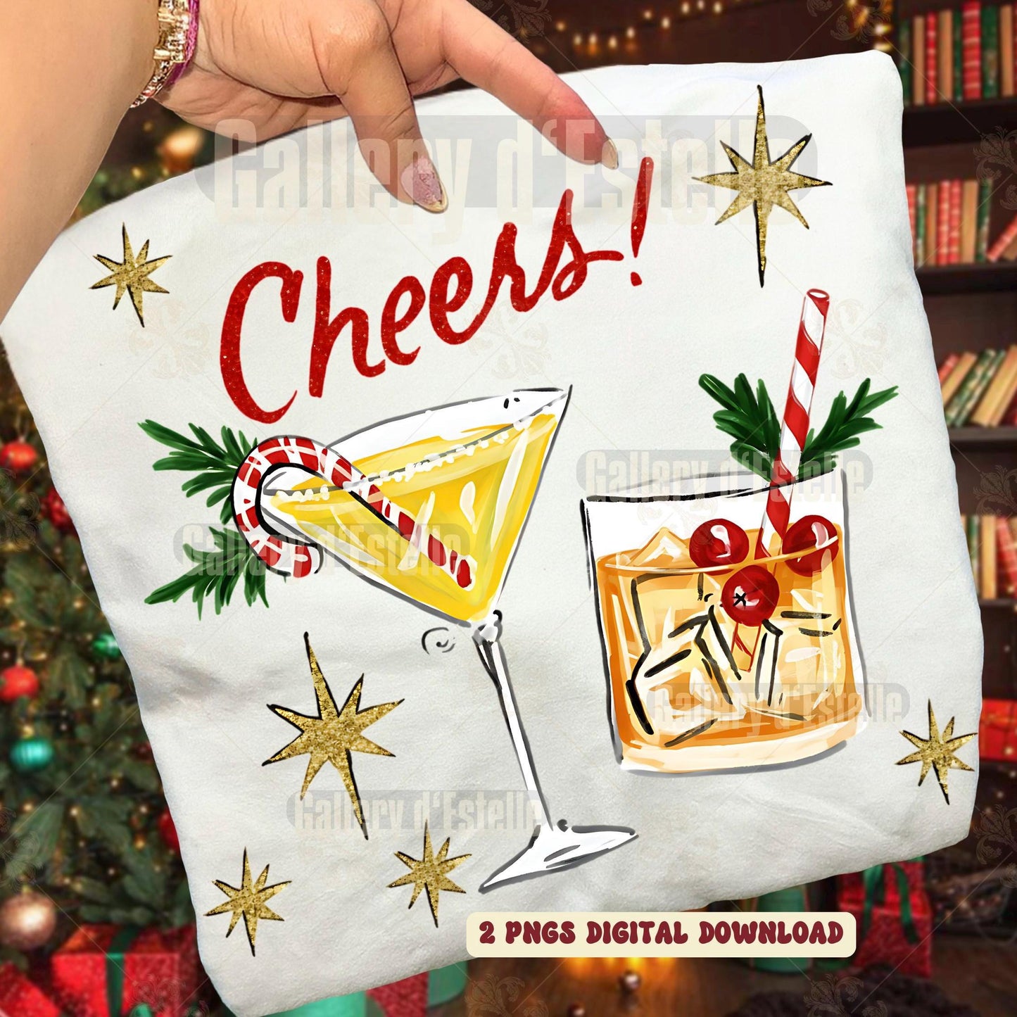 Digital design of two cocktails with 'Cheers!' text and Christmas decorations on a white background.