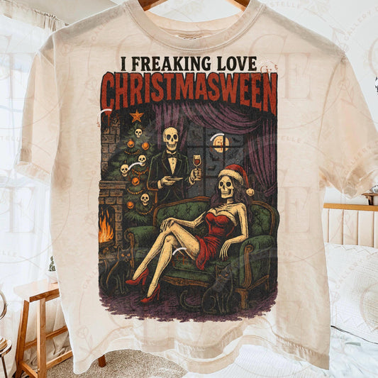 I Freaking Love Christmasween PNG, Retro Halloween Skeleton Graphic, Spooky Christmas Art, Gothic Holiday Design, Edgy Horror Shirt Sublimation