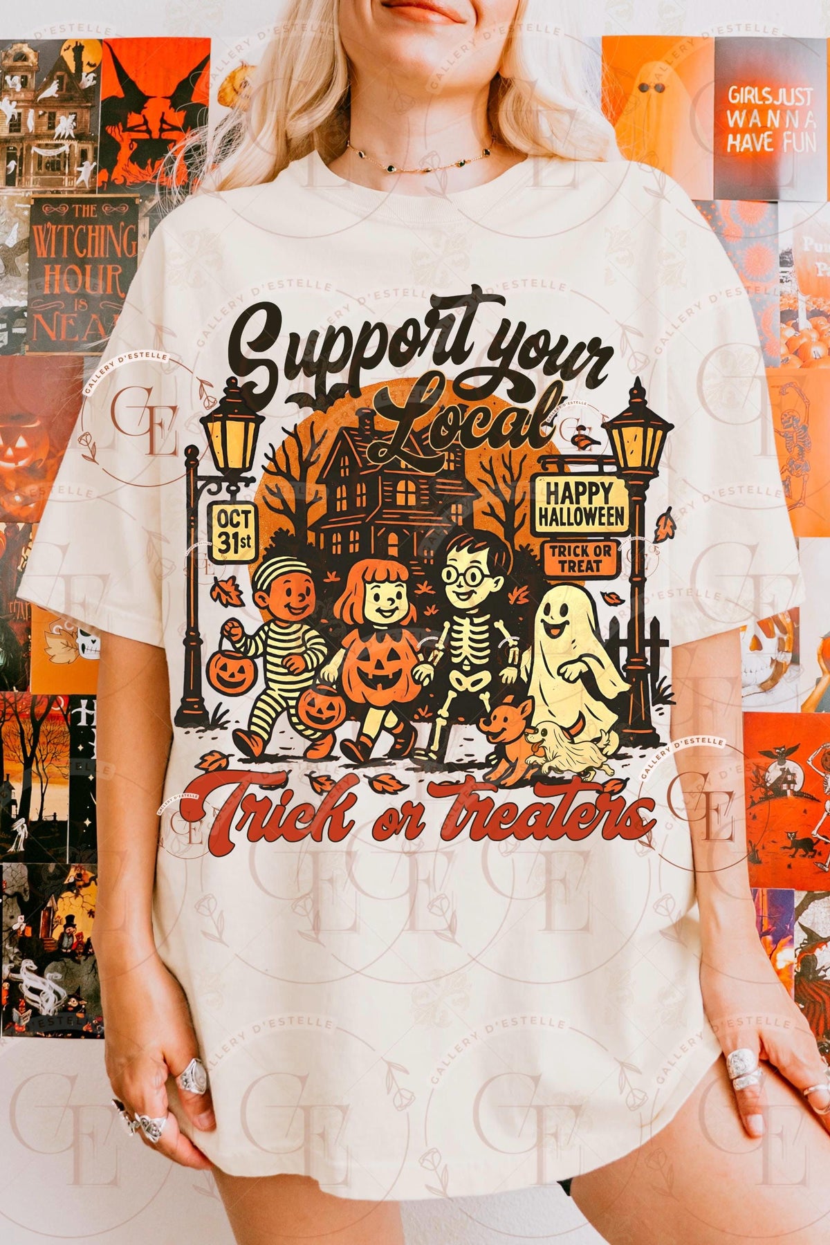 Person wearing a Halloween-themed t-shirt with graphics and text.