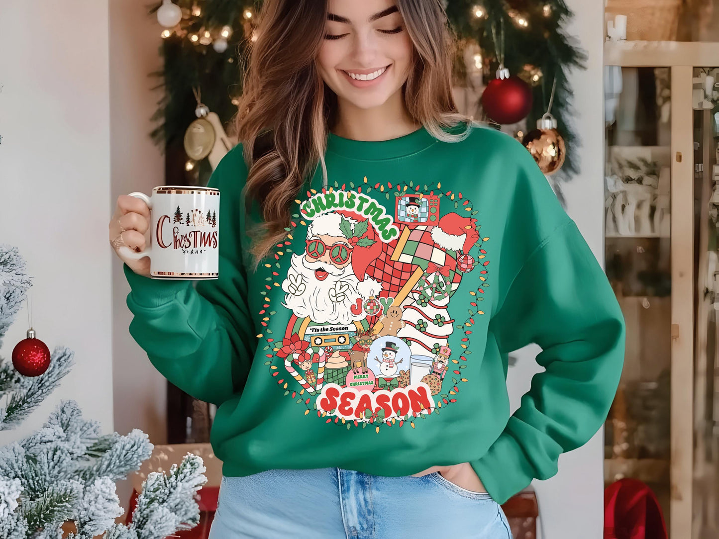 Retro Christmas Season PNG, Groovy Vintage Holiday Elements Collage, Festive Santa Shirt Design
