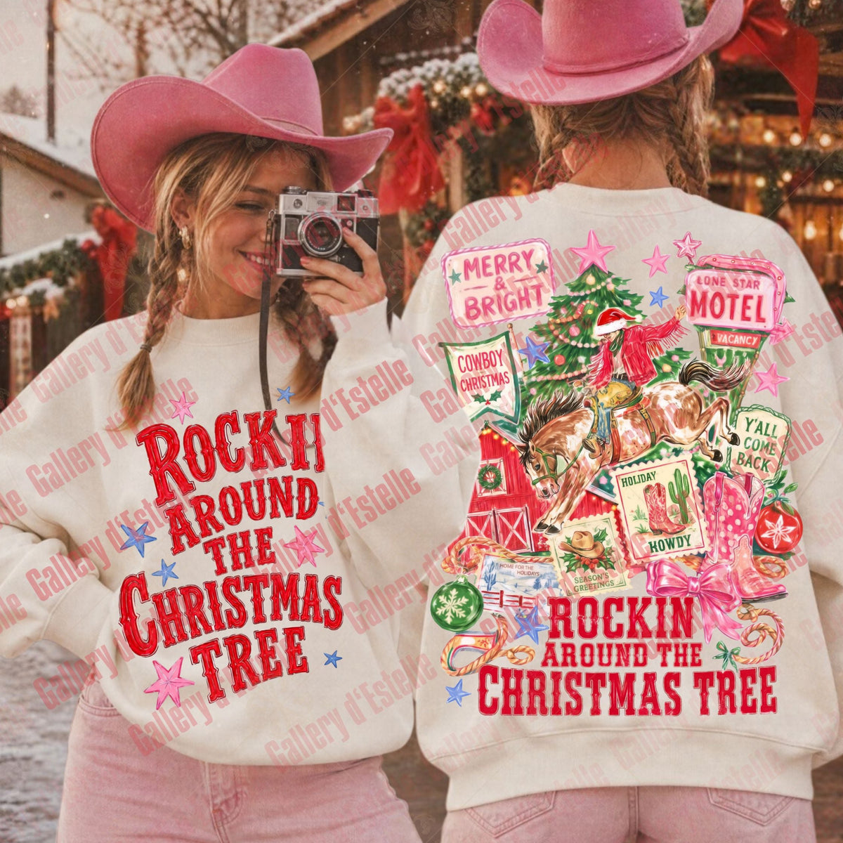 Two women wearing matching Christmas-themed sweatshirts and pink cowboy hats, shown from the front and back in an outdoor holiday setting. The front sweatshirt reads 'ROCKIN' AROUND THE CHRISTMAS TREE' in red, and the back has a large festive collage with a Christmas tree, ornaments, and signs, including 'MERRY CHRISTMAS' and 'ROCKIN' AROUND THE CHRISTMAS TREE'.