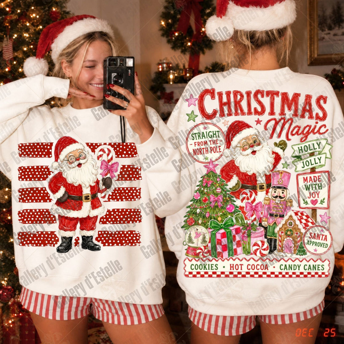 Two women wearing matching Christmas-themed sweatshirts, showing both the front and back designs. The white crewneck sweaters feature red and green holiday graphics including Santa Claus, candy canes, a Christmas tree, and festive text like 'Christmas Magic' and 'Holly Jolly'.