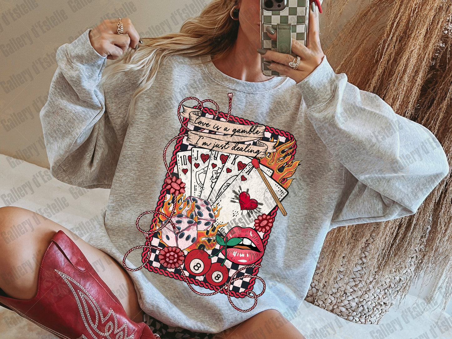 Love Is A Gamble Western Collage PNG, Retro Cowgirl Casino Graphic, Wild West Rodeo Art, Edgy Valentines Country Shirt Design