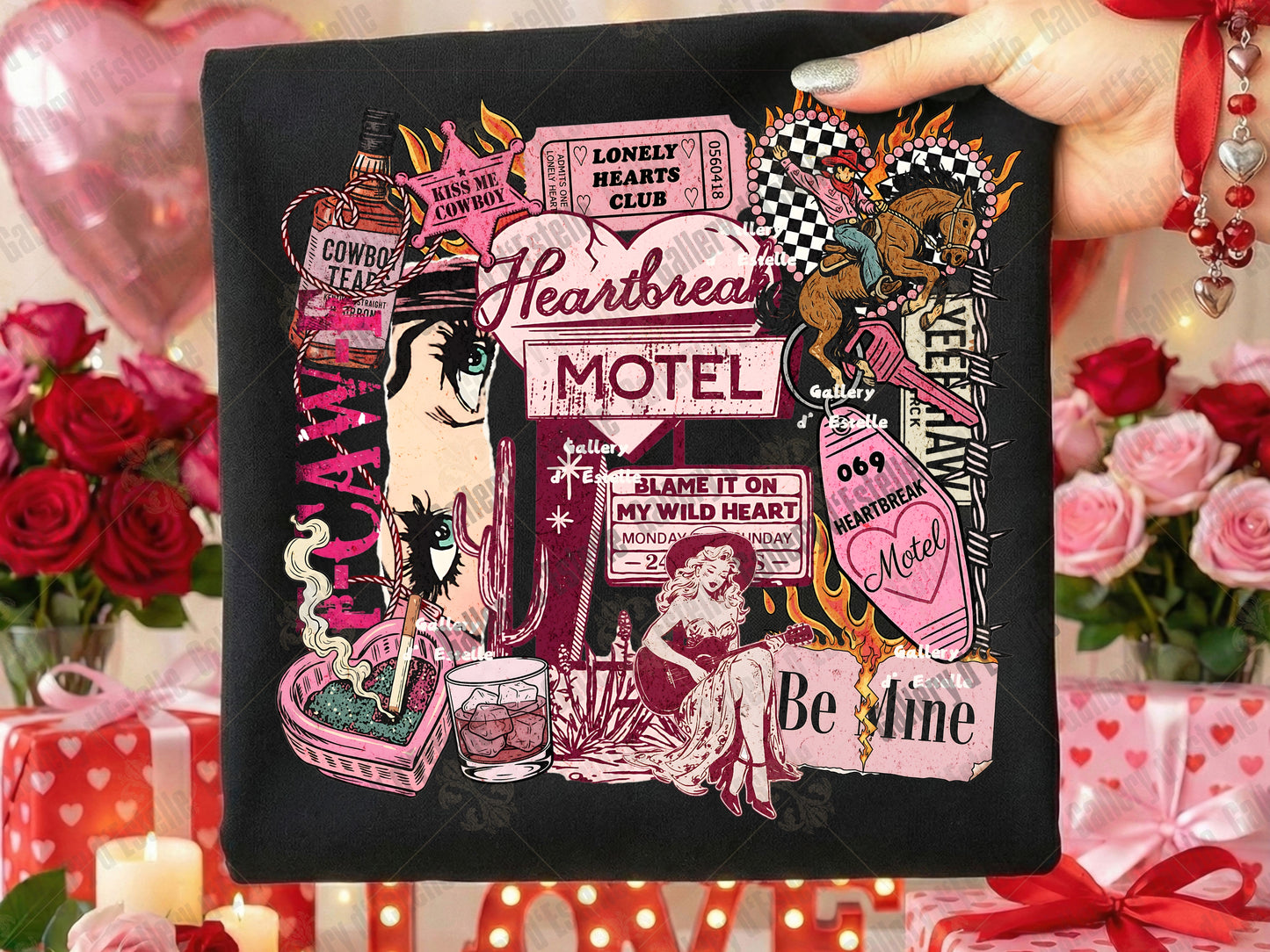 Heartbreak Motel Collage PNG, Retro Western Love Graphic, Edgy Cowgirl Breakup Art, Trendy Anti Valentine Shirt PNG