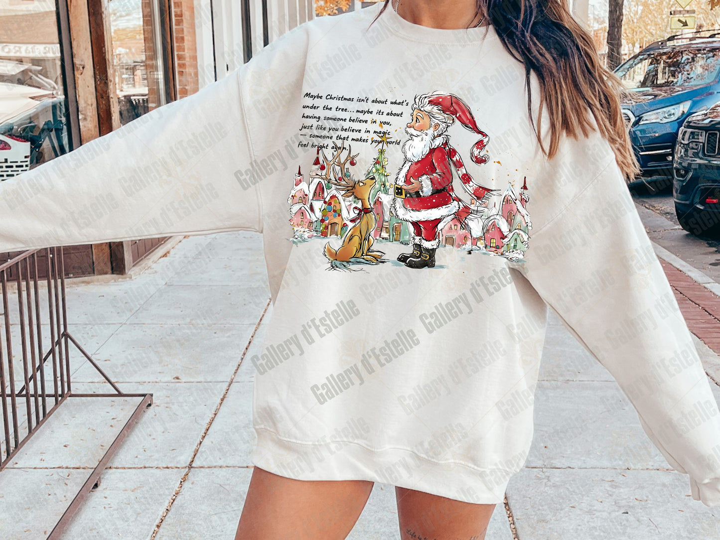 Festive Santa and Reindeer PNG, Retro Winter Town Graphic, Whimsical Holiday Sublimation, Coquette Christmas Shirt Design