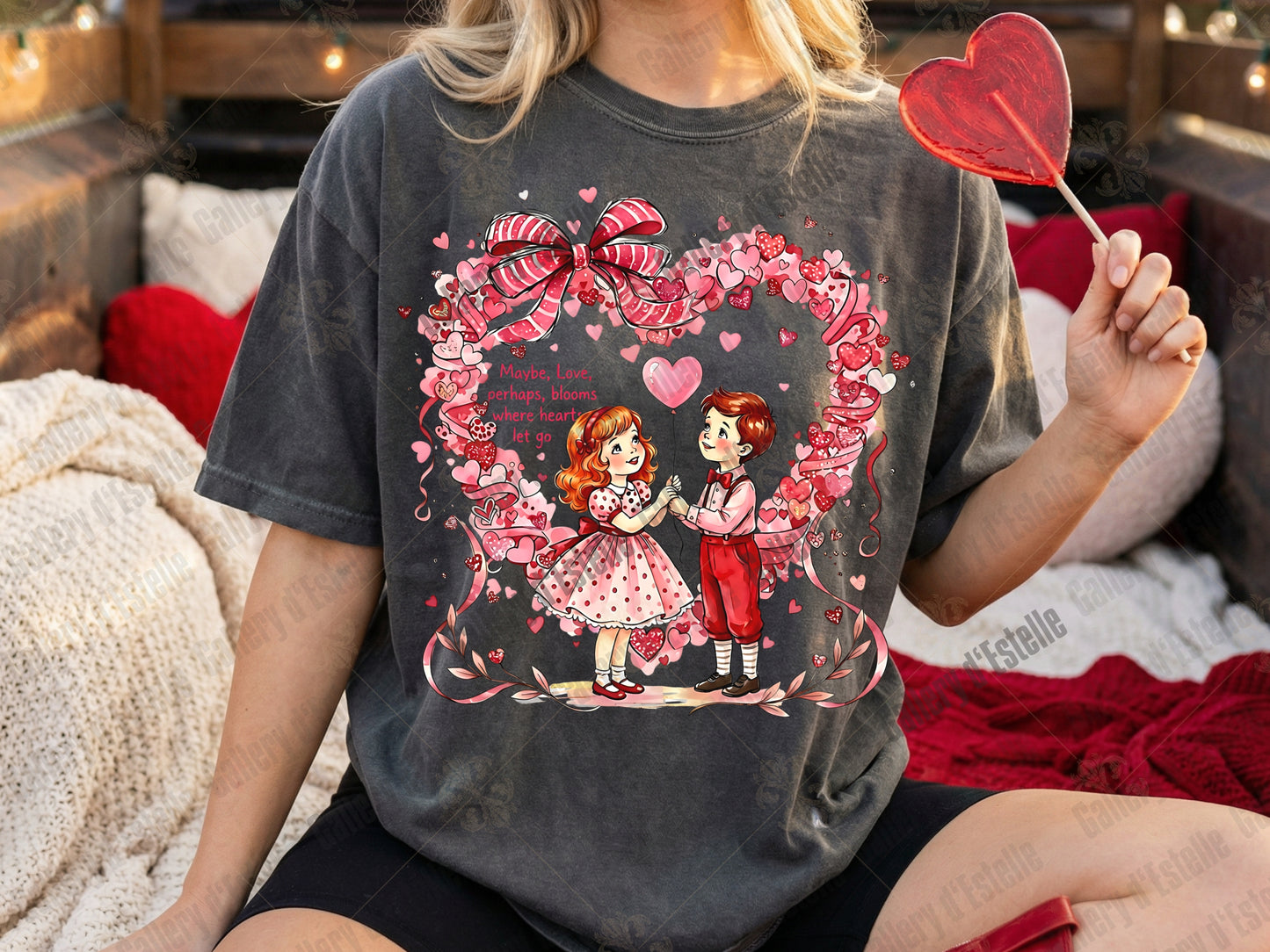 Vintage Valentine Kids PNG, Retro Love Story Illustration, Coquette Pink Heart Art, Trendy VDay Shirt Design
