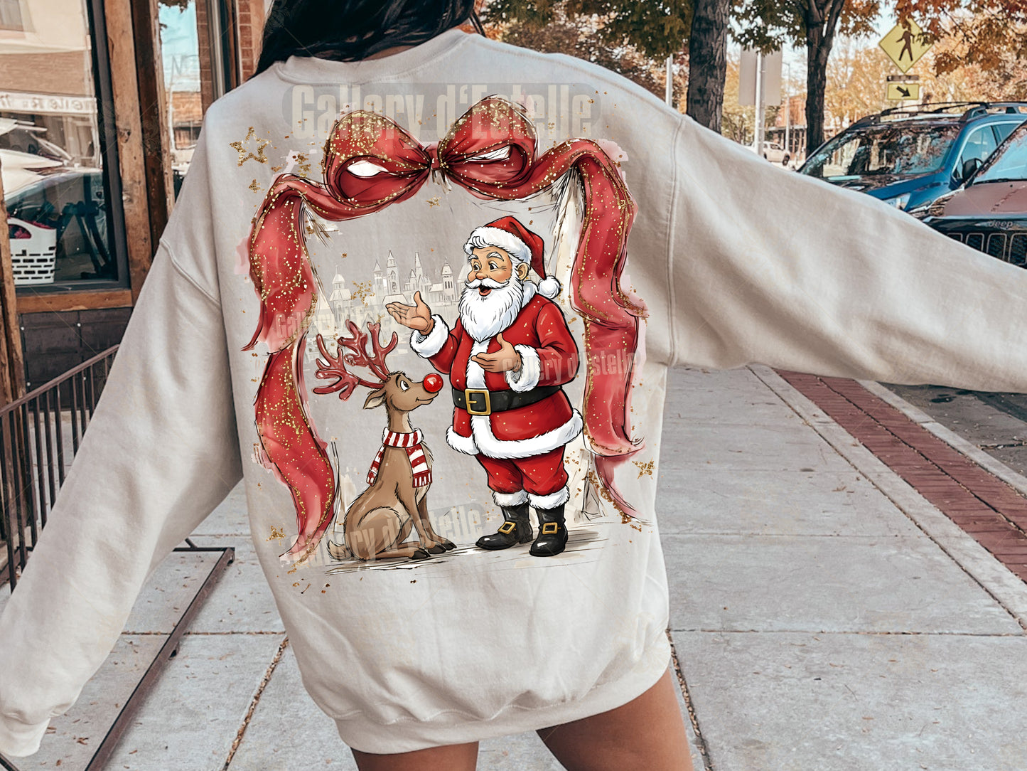 Coquette Santa and Reindeer PNG, Nostalgic Retro Christmas Town Graphic, Whimsical Holiday Sublimation, Festive Shirt Design