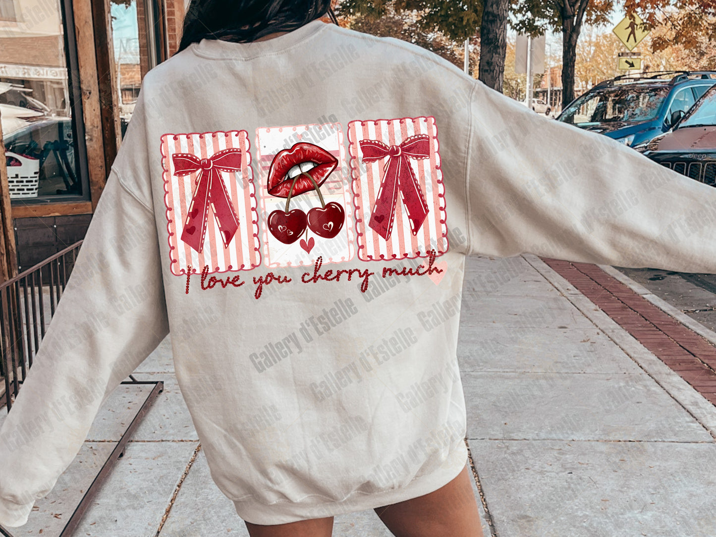 Love You Cherry Much PNG, Retro Cherry Lips Graphic, Coquette Valentine Stamp Collage, Trendy Pink Bow Shirt Design