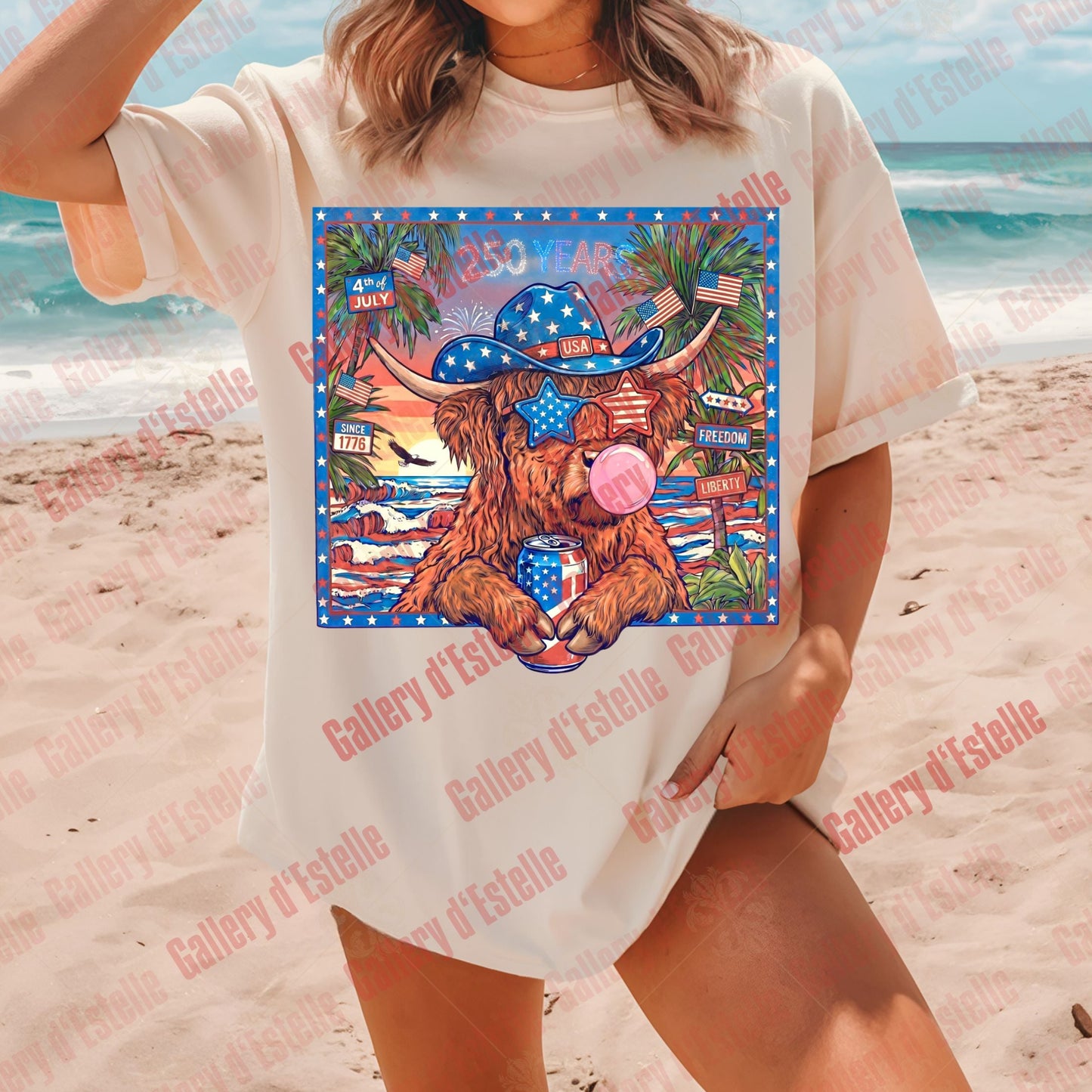 Patriotic Highland Cow PNG, Western 4th of July Graphic, Trendy USA Freedom Shirt Design