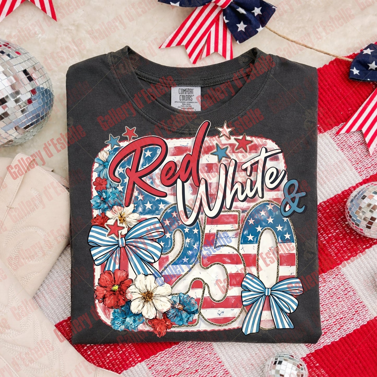 Red White & 250 PNG, Retro Patriotic Bow Graphic, Coquette USA 4th of July Shirt Design