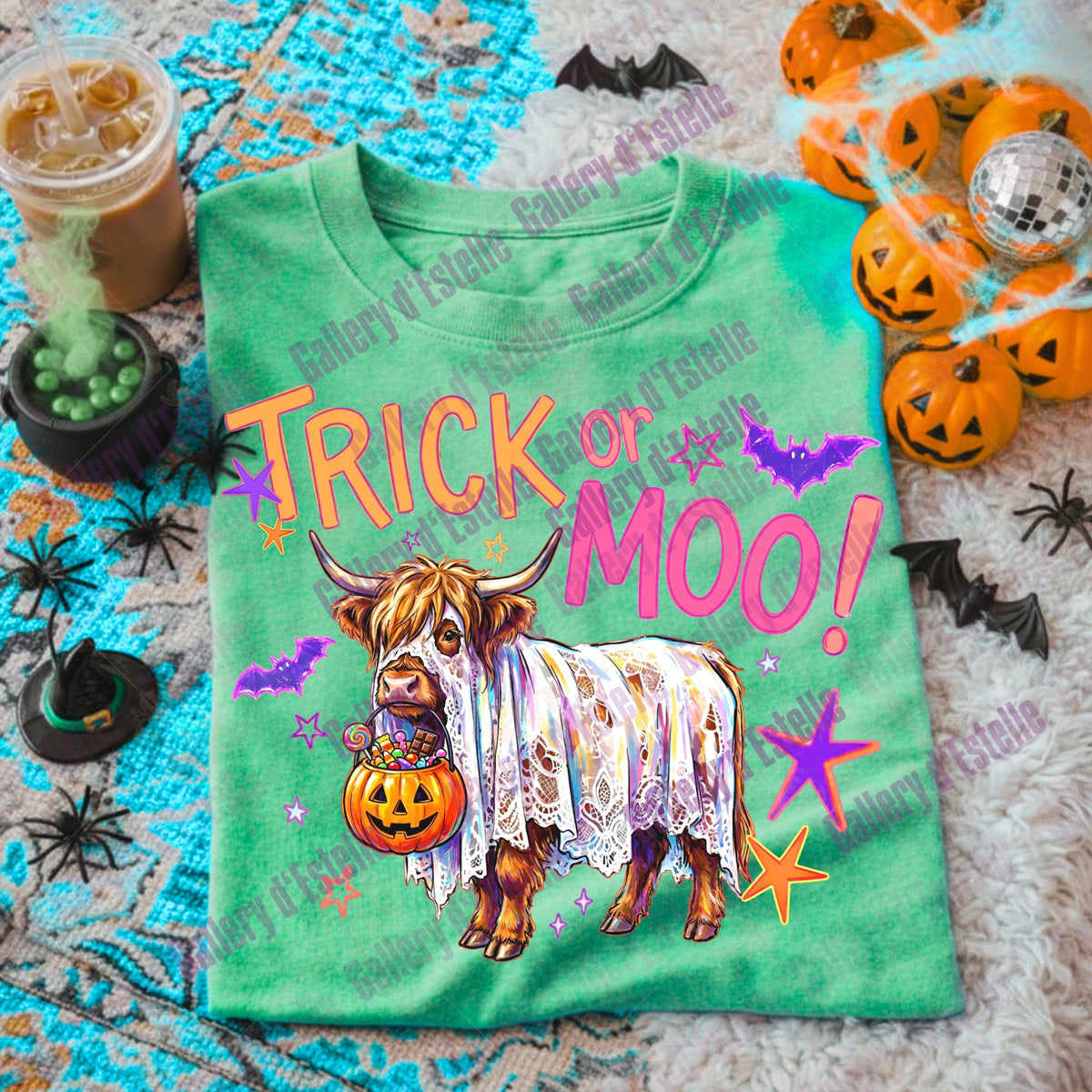Trick or Moo PNG, Retro Spooky Highland Cow, Funny Trick or Treat Graphic, Trendy Halloween Shirt Design