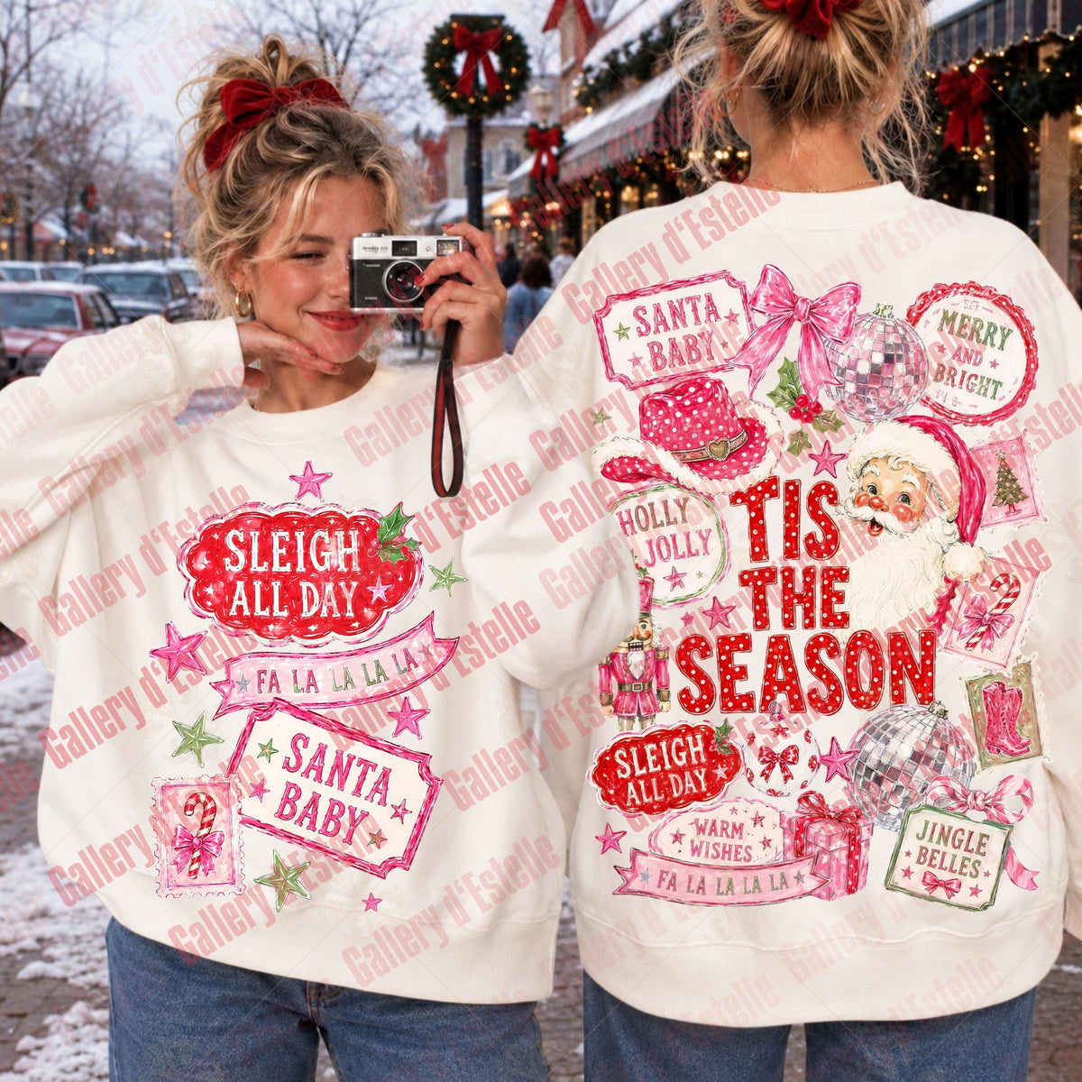 Two women modeling a white Christmas-themed crewneck sweatshirt, showing both the front and back designs. The front features red and pink holiday graphics including 'Sleigh All Day' and 'Santa Baby'.