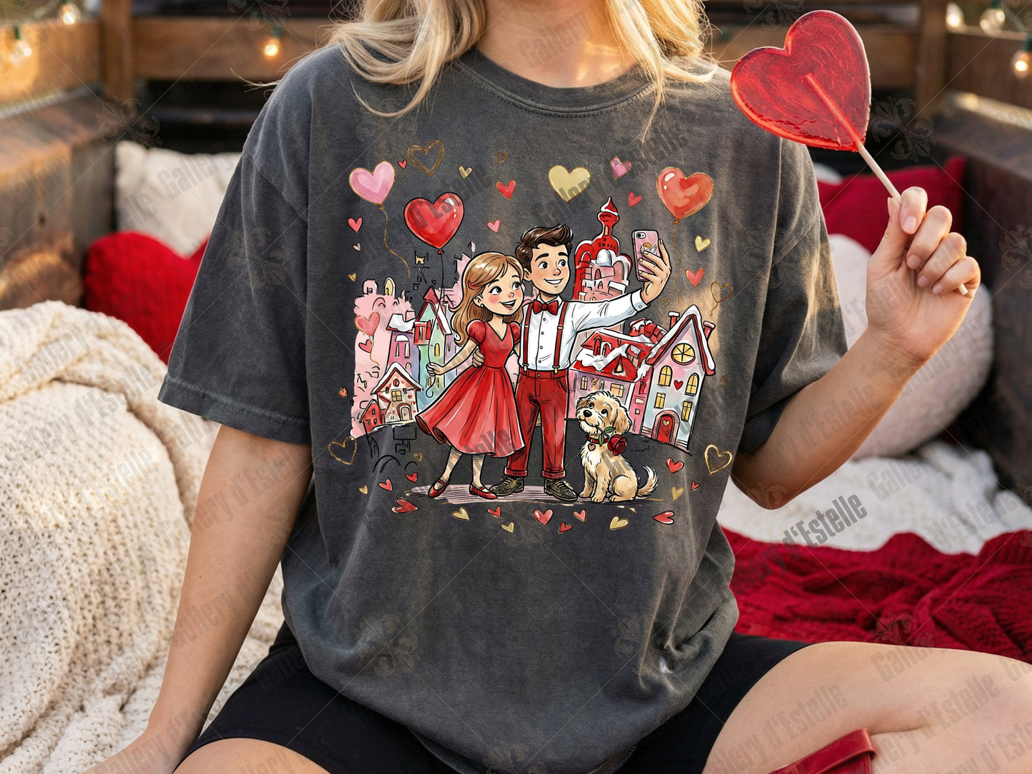 Retro Valentine Love PNG, Whimsical Selfie Couple Illustration, Preppy VDay Shirt Design
