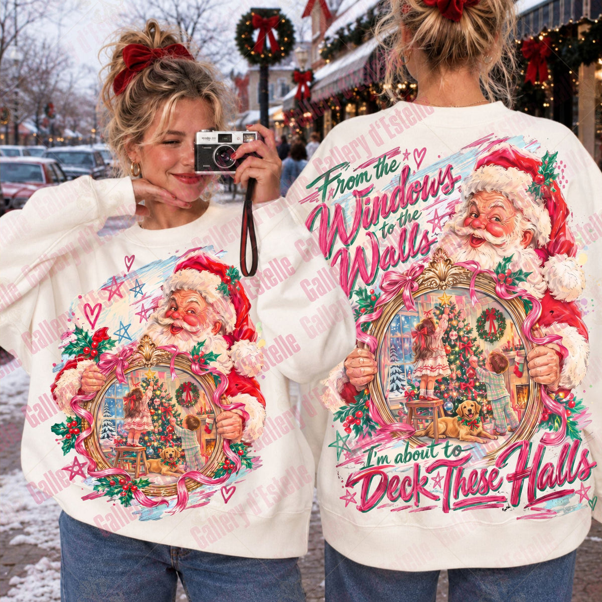 Two women shown outdoors wearing matching oversized Christmas sweatshirts. One view shows the front of the sweatshirt with a large Santa graphic and holiday text, and the other shows the back with a large Santa and tree graphic and matching text.