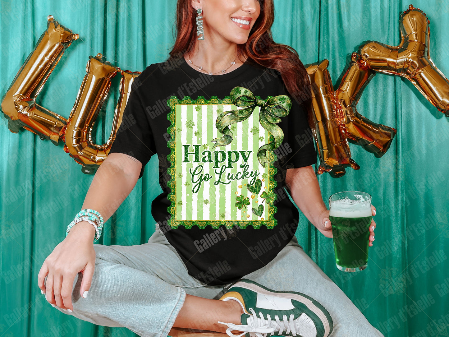 Happy Go Lucky St Patrick’s PNG, Retro Irish Stamp Graphic, Coquette Lucky Shirt Design