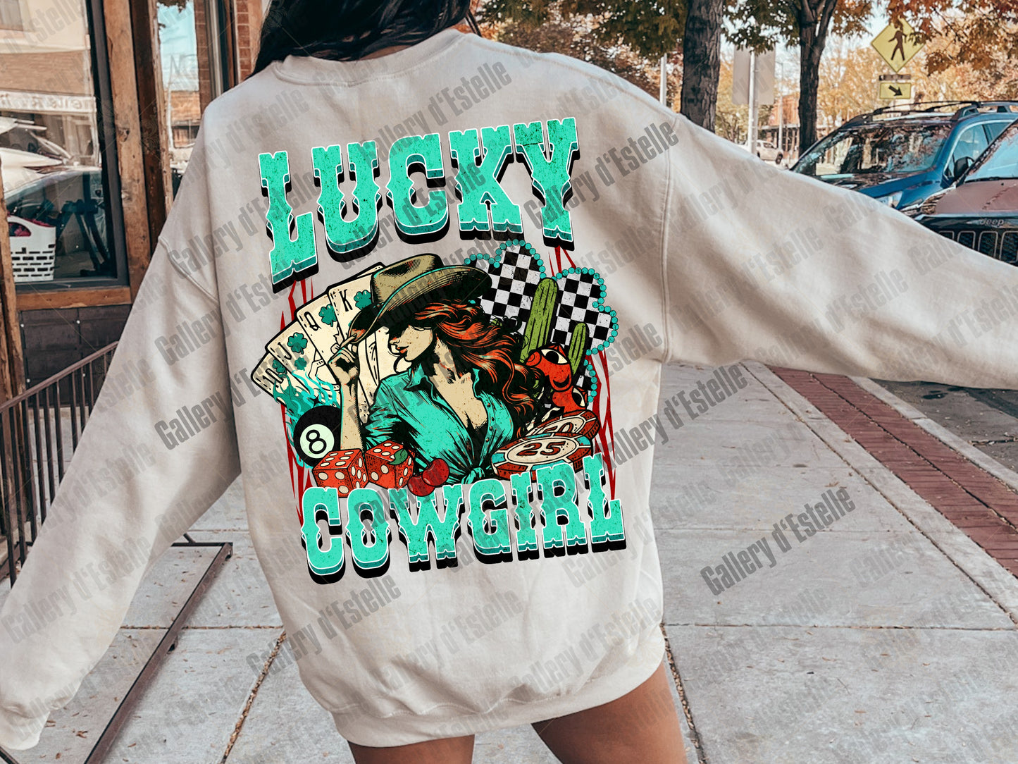 Lucky Cowgirl PNG, Retro Western Casino Aesthetic, Checkered Shamrock Graphic, Wild West Country Shirt Design