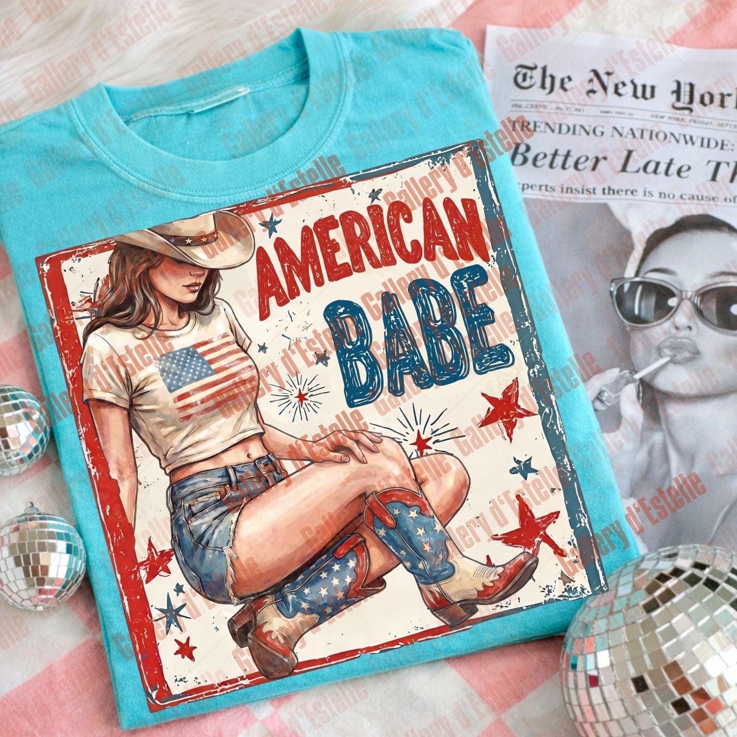 American Babe PNG, Retro Patriotic Cowgirl Graphic, Trendy 4th of July Shirt Design, Vintage USA Western Art