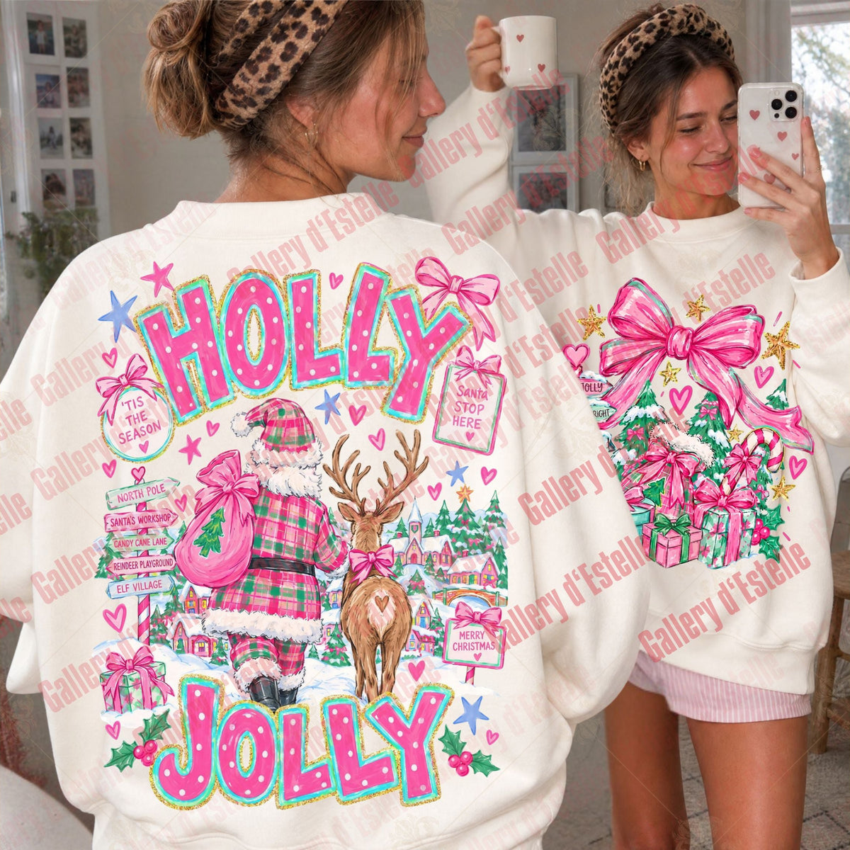 A woman takes a mirror selfie while wearing a white crewneck sweatshirt with a large, colorful Christmas-themed graphic on the back. The graphic features the words 'HOLLY JOLLY' in pink, a plaid Santa Claus, a reindeer, and gift boxes.
