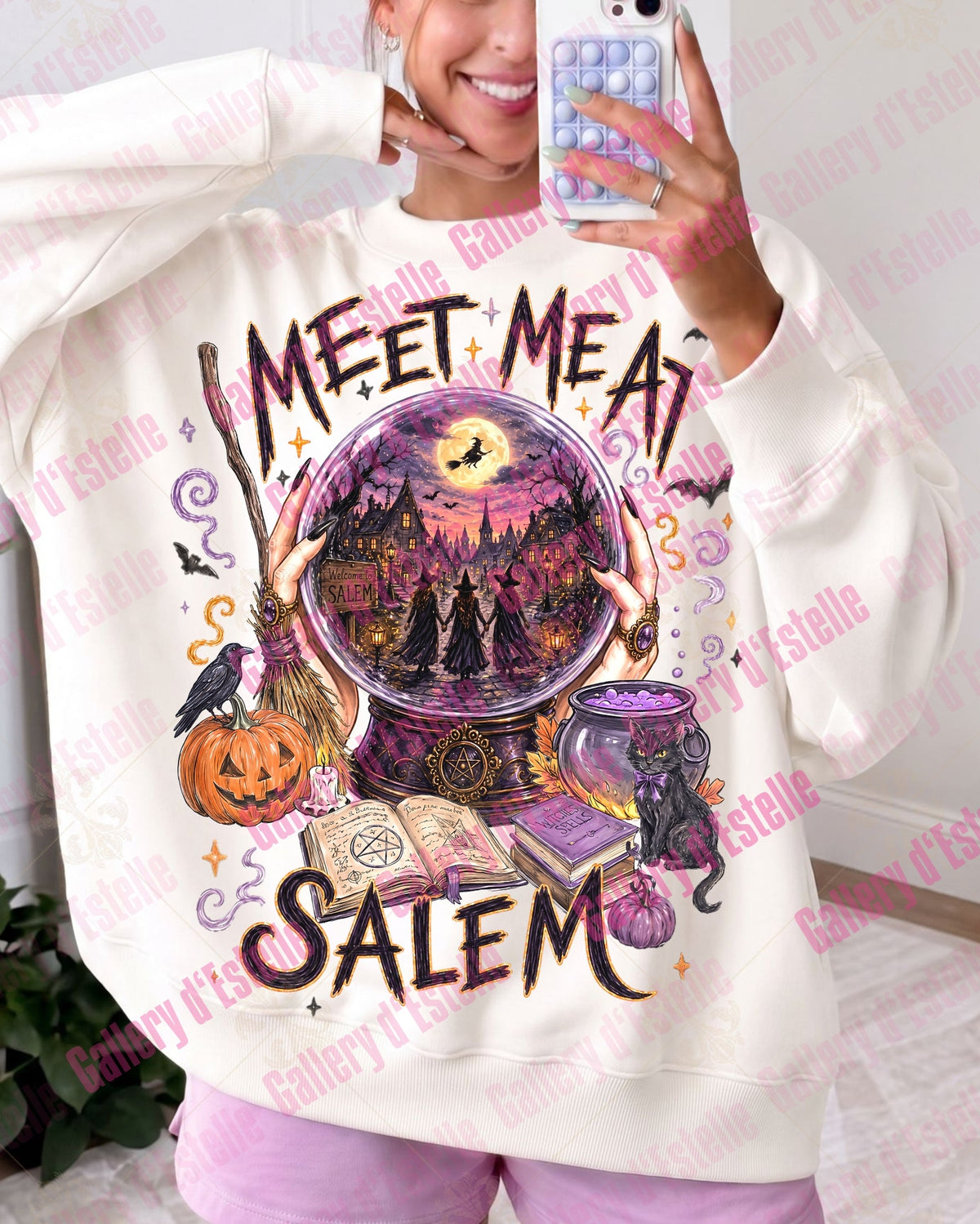 Meet Me At Salem PNG, Retro Front and Pocket Witch Graphic, Spooky Witchcore Halloween Shirt Design