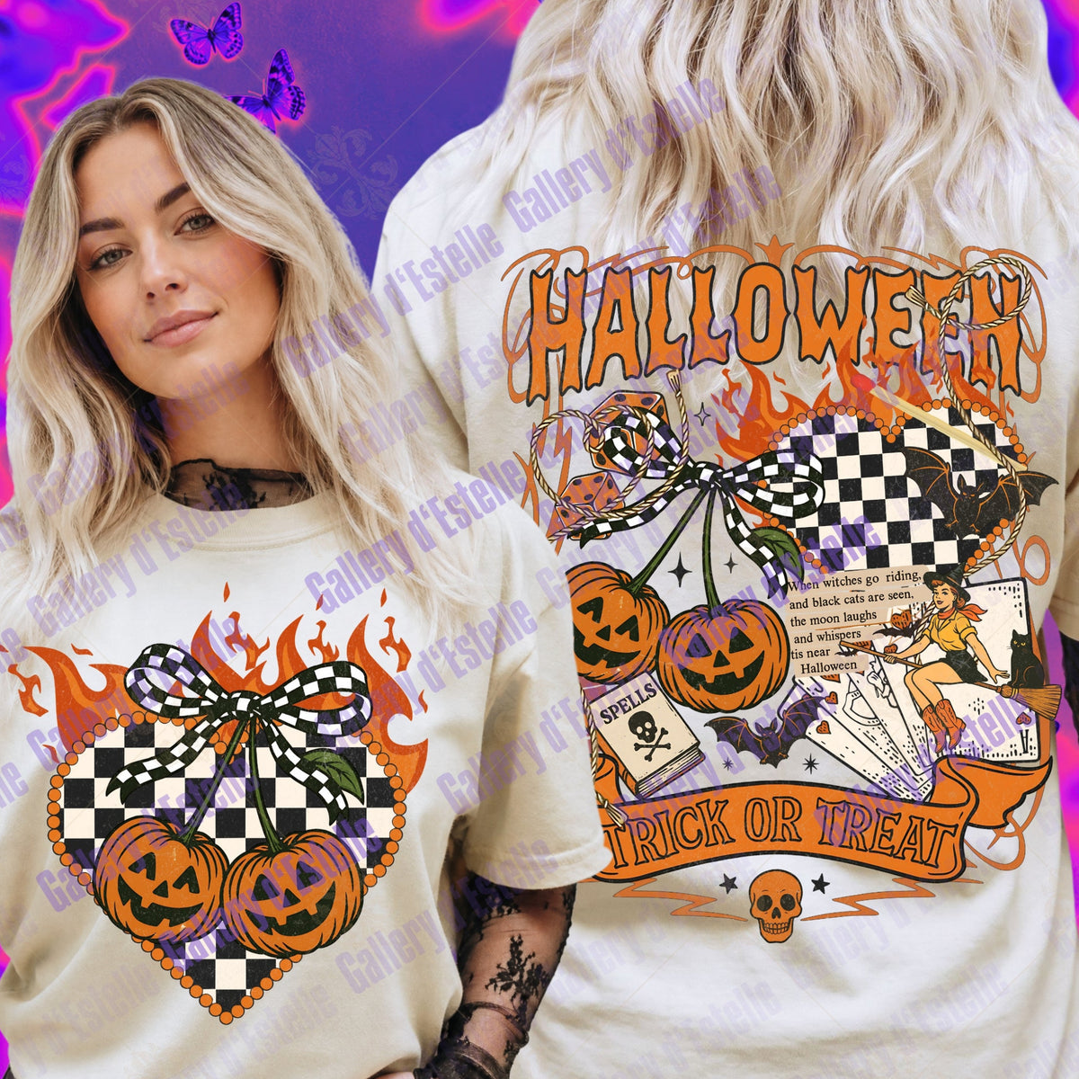 A woman modeling a white graphic t-shirt with a Halloween design, showing both the front and back views. The front features a heart-shaped graphic with jack-o'-lanterns on a black and white checkered pattern, surrounded by orange flames.