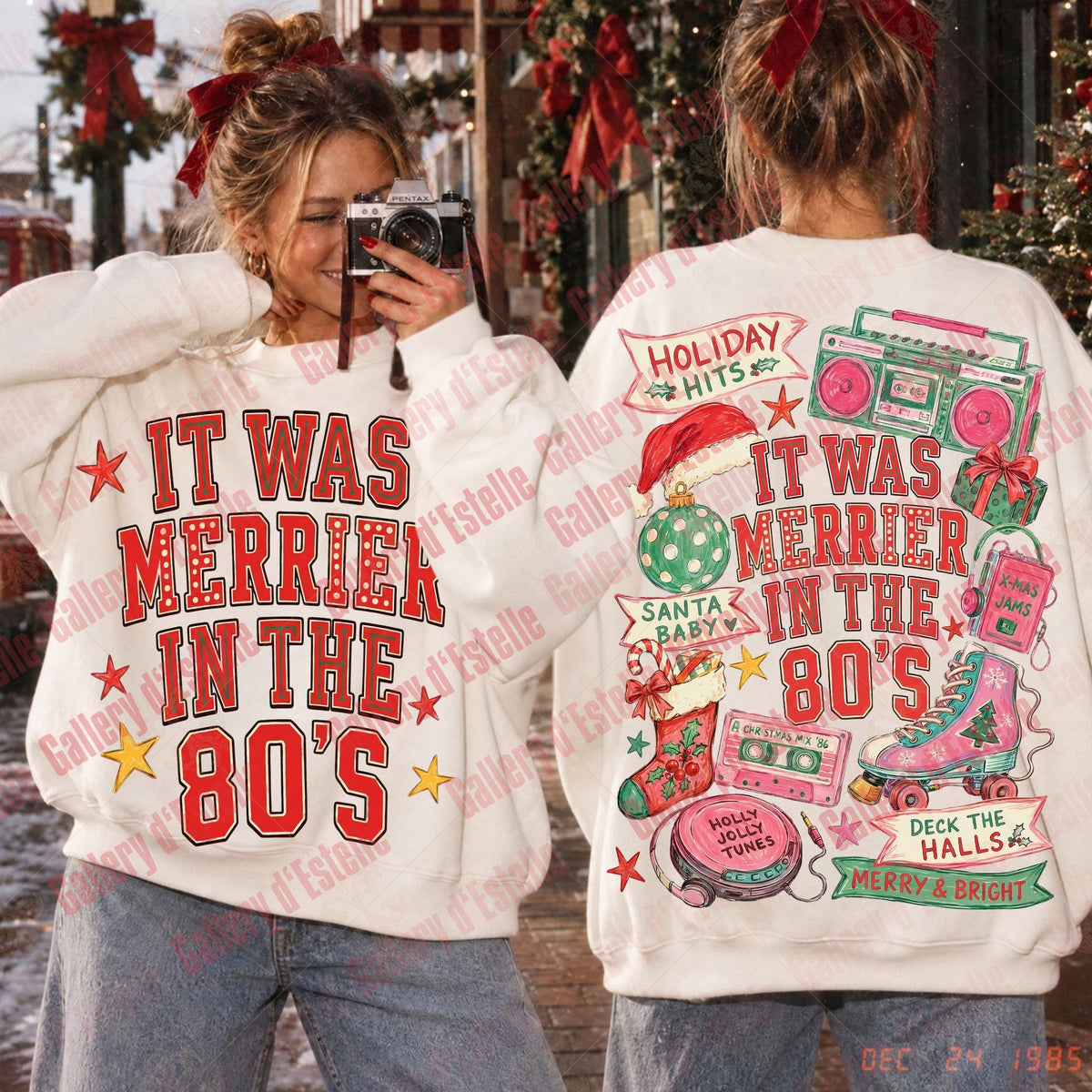 A person shown from the front and back wearing a white sweatshirt with a large retro Christmas graphic. The front reads 'IT WAS MERRIER IN THE 80'S' in red letters with red and yellow stars.