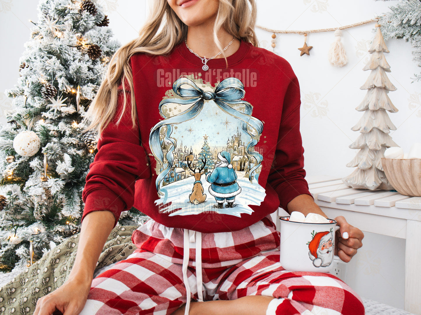 Blue Christmas Town PNG, Retro Santa and Reindeer, Whimsical Winter Holiday Sublimation, Coquette Shirt Design