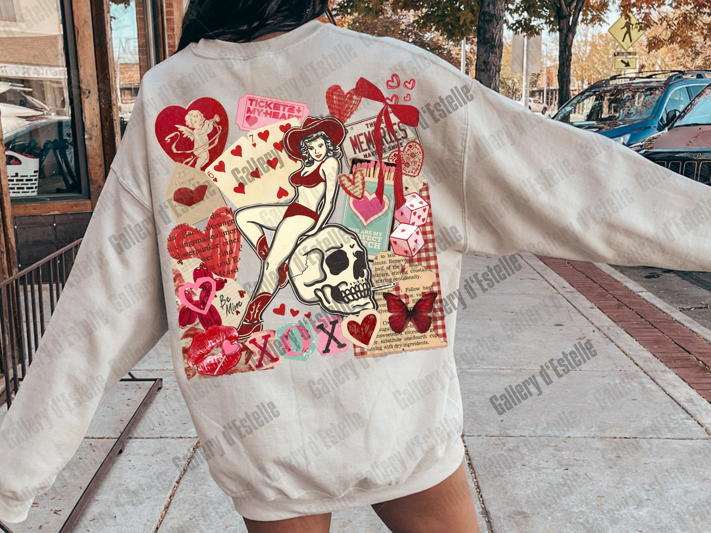 Retro Cowgirl Love Collage PNG, Edgy Y2K Valentine Graphic, Western Pinup Skull Art, Trendy Love Shirt Design