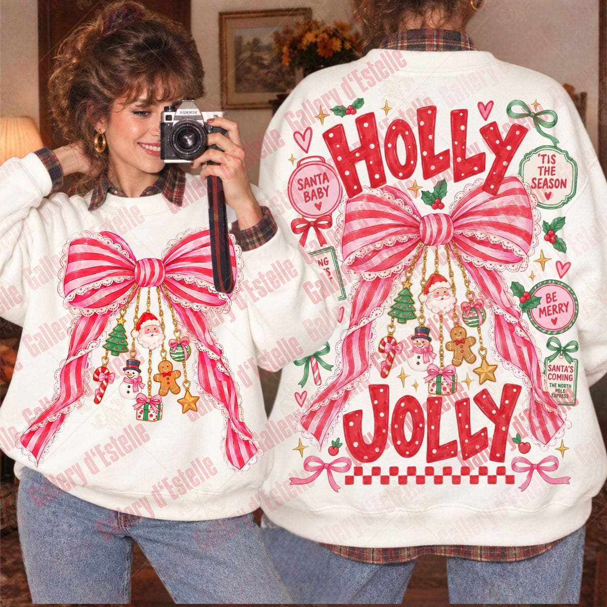 Two people modeling a white Christmas-themed sweatshirt, showing both the front and back designs. The sweatshirt features a large pink striped bow with hanging ornaments and the words 'HOLLY JOLLY' in red.