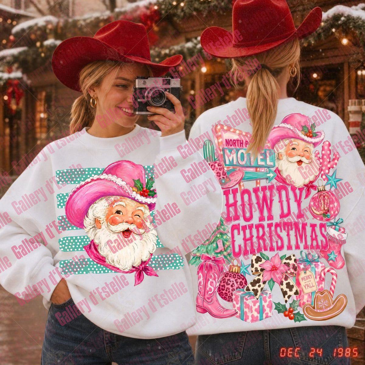 Two women wearing matching white Christmas-themed sweatshirts and red cowboy hats, photographed in a festive outdoor setting with holiday lights and snow. The front view shows a Santa graphic with pink hat and teal stripes, while the back view shows a large 'HOWDY CHRISTMAS' design with pink, green, and leopard-print accents.
