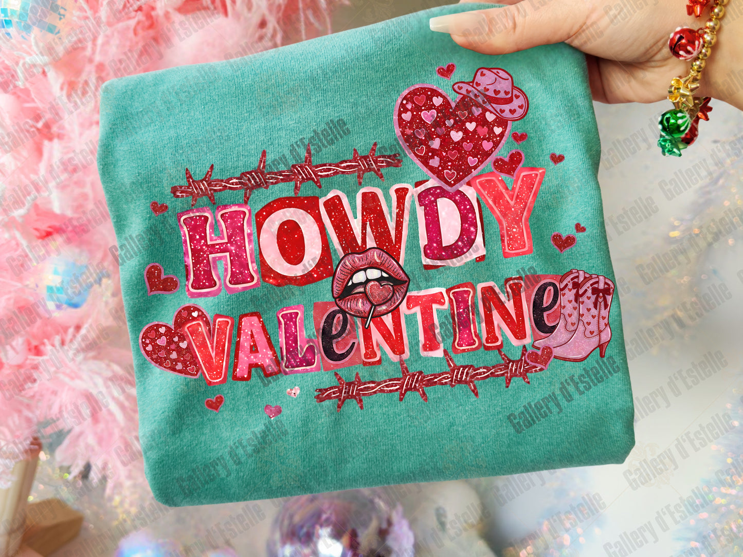 Howdy Valentine PNG, Retro Western Glitter Illustration, Edgy Cowgirl Love Graphic, Coquette VDay Shirt Design