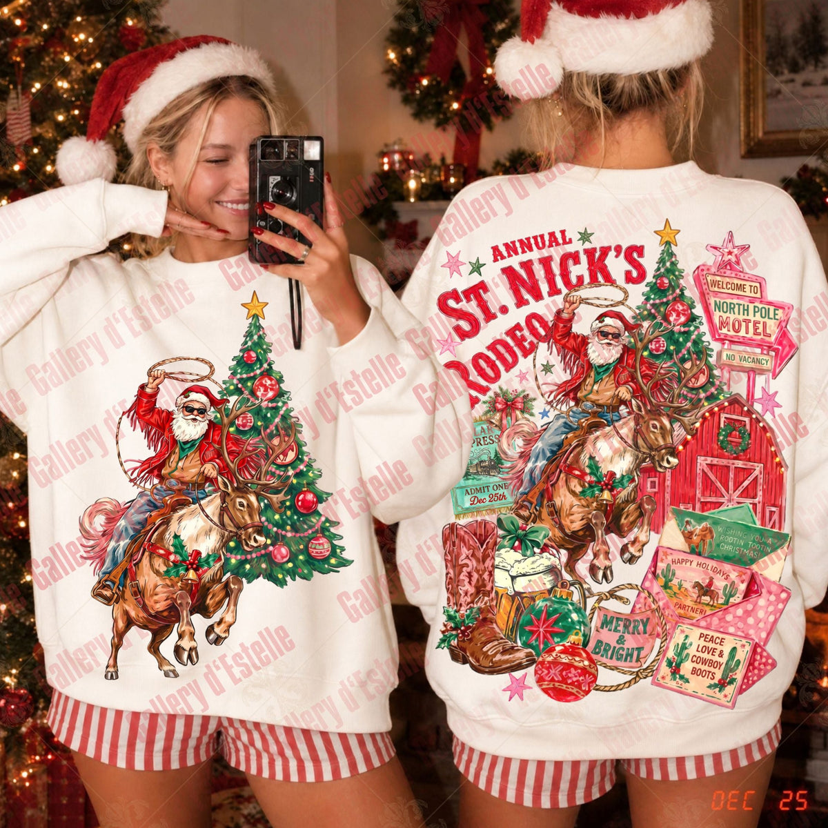 A woman wearing a white Christmas-themed sweatshirt with a St. Nick's Robbers graphic, shown in a mirror selfie with the front and back designs visible.