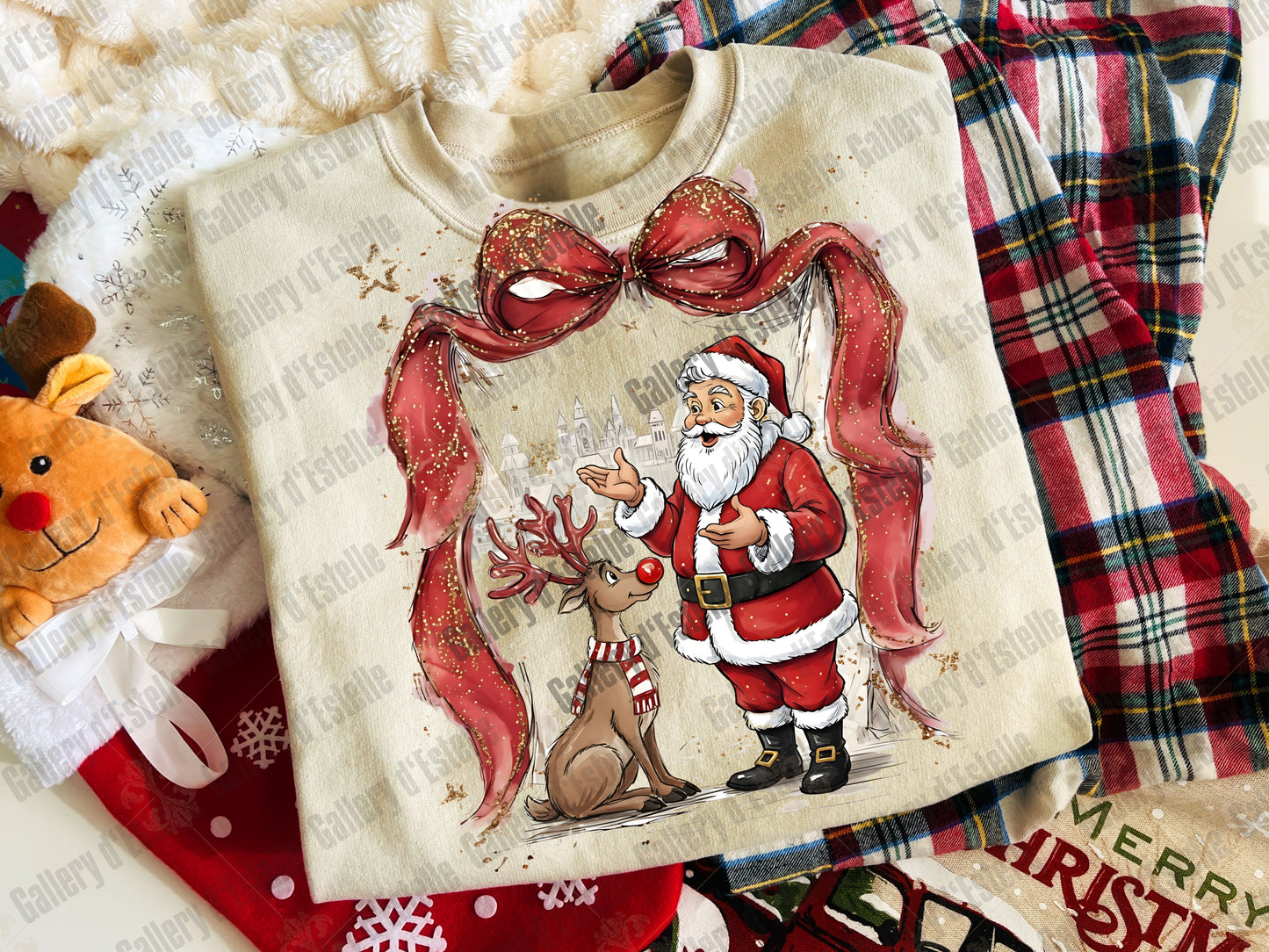 Sweatshirt with Santa Claus and reindeer design on a festive background