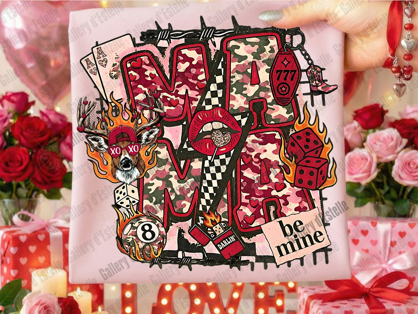 Valentine Mama Camo PNG, Retro Western Collage Graphic, Love Hunting Art, Edgy Be Mine Shirt Design