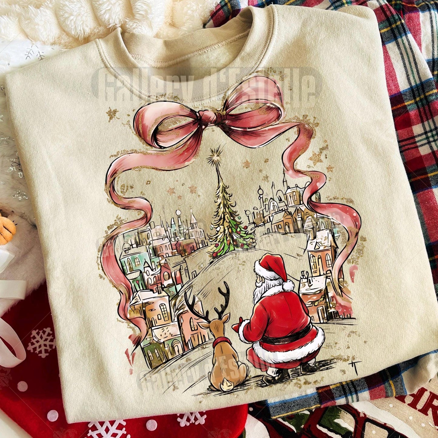 Coquette Christmas Town PNG, Retro Santa & Reindeer Graphic, Whimsical Holiday Shirt Design, Festive Christmas Art