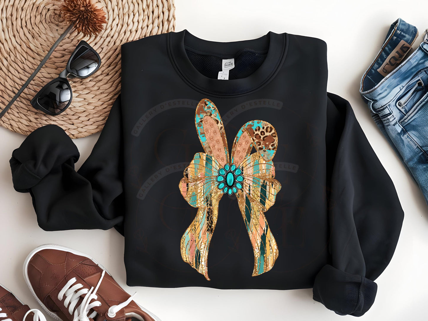Western Coquette Glitter Bow PNG, Gold Brushstroke Easter Bunny Graphic, Trendy Cowgirl Shirt Design