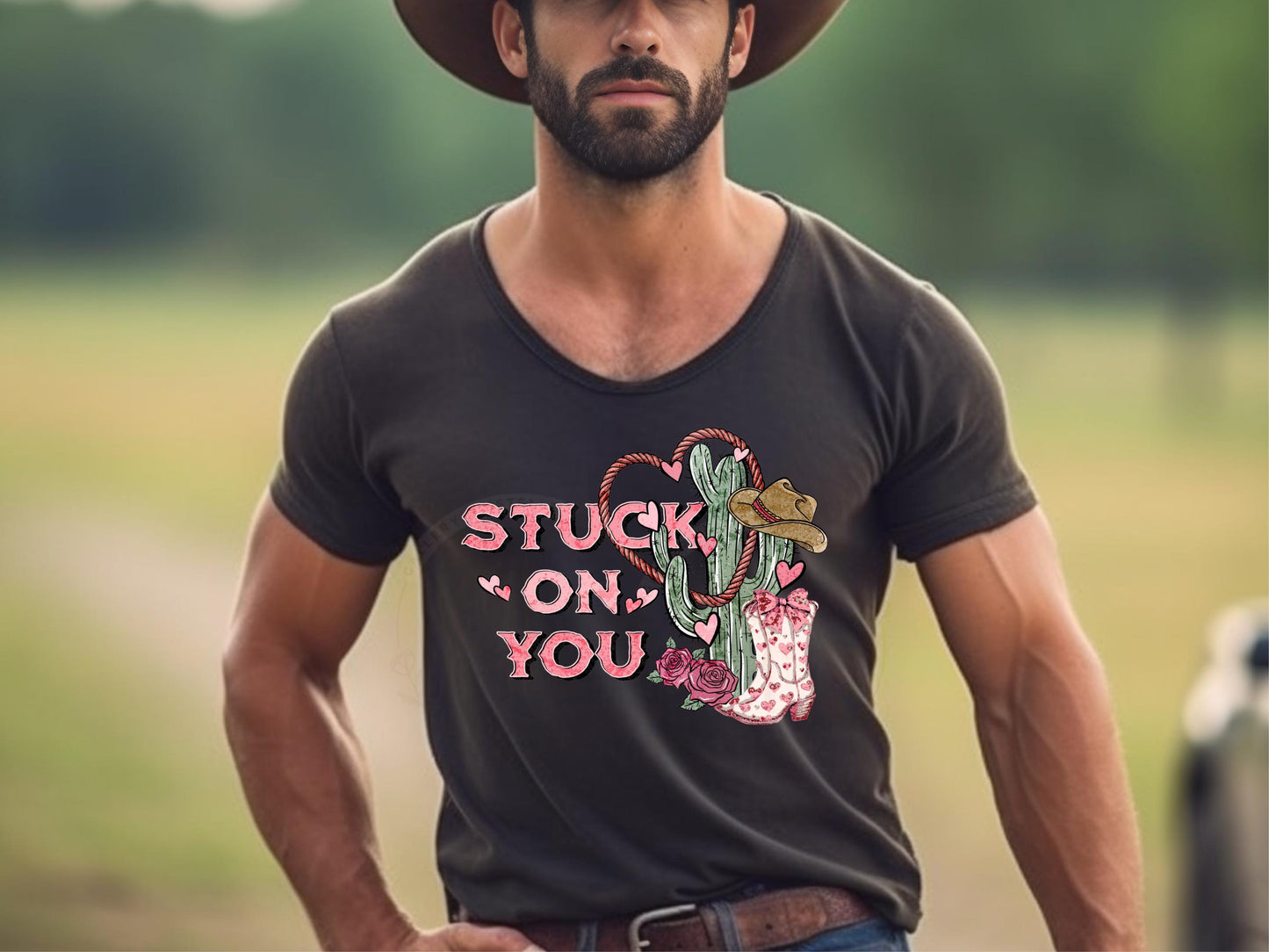 Stuck on You Western PNG, Rustic Cowgirl Cactus Art, Wild West Valentines Shirt Design
