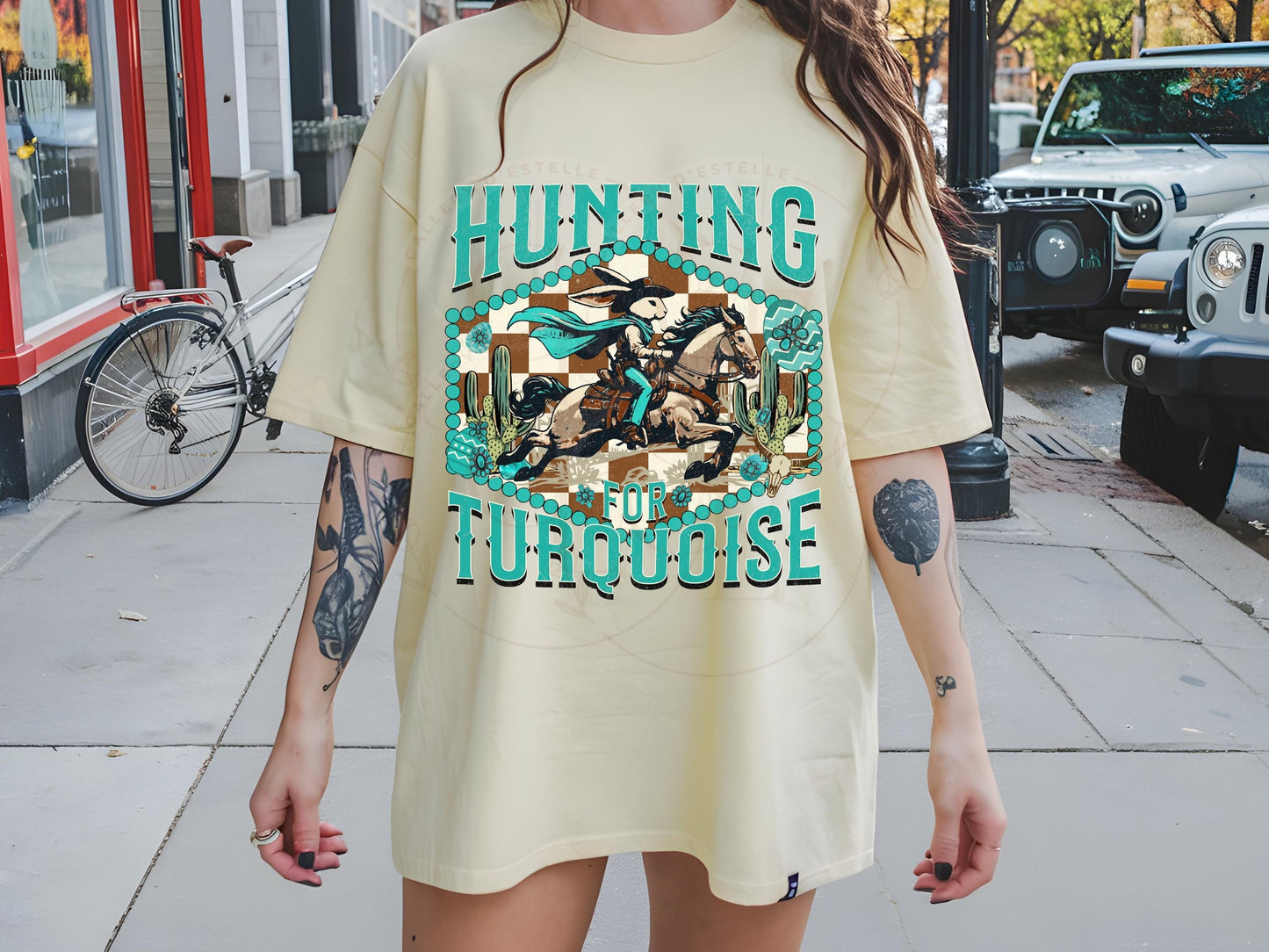 Hunting for Turquoise PNG, Wild West Easter Bunny Rodeo Graphic, Western Cowgirl Turquoise Checkered Shirt Design