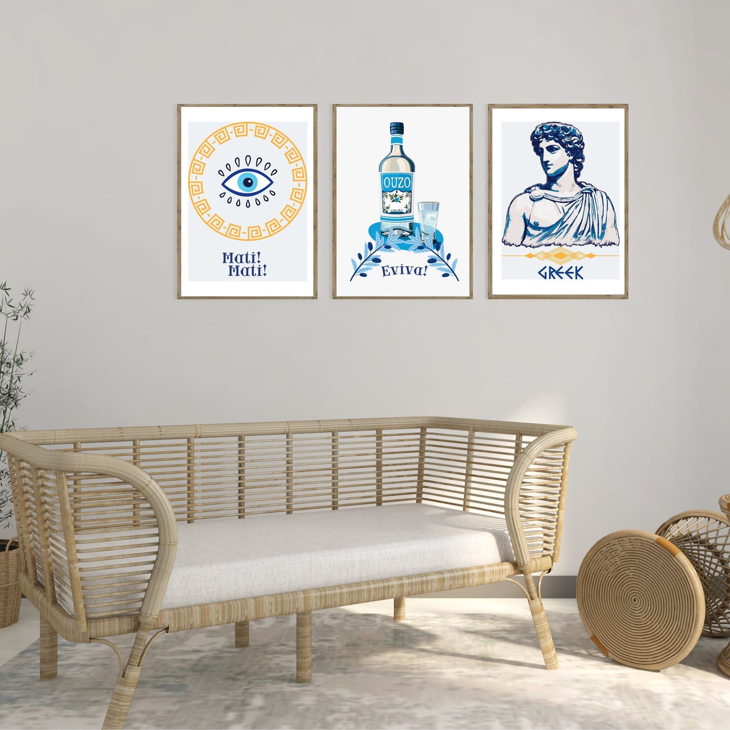 Greek Wall Art Set, Modern Mediterranean Home Decor, Hellenic Culture Prints, Greece Summer Vibes Digital Art