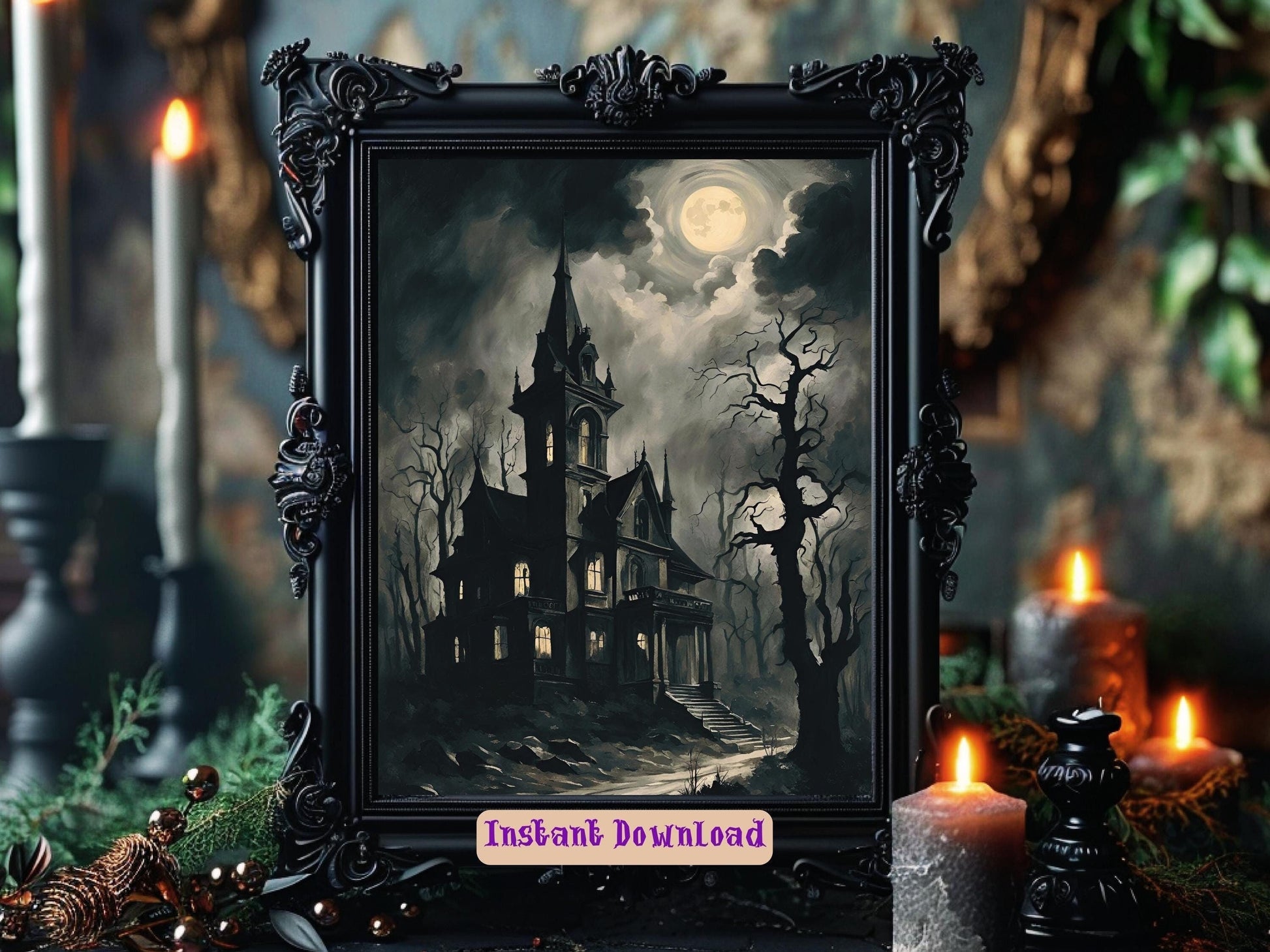 Haunted Castle Art, Victorian Gothic Wall Decor for Halloween, Spooky Edgy Dark Aesthetic Castle