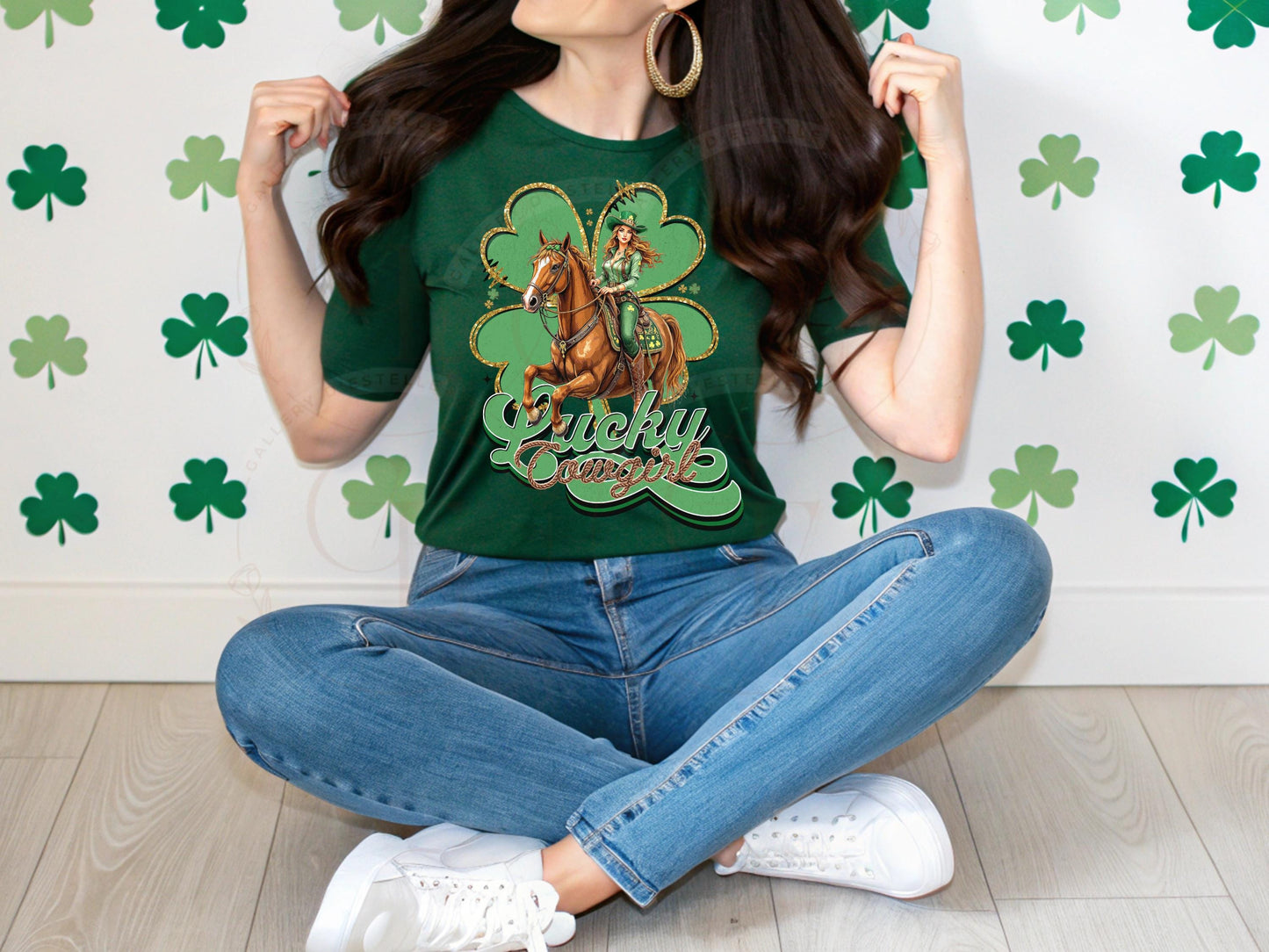 Lucky Cowgirl PNG, St. Patricks Day Western Graphic, Retro Lucky Clover Art, Trendy Country Shirt Design